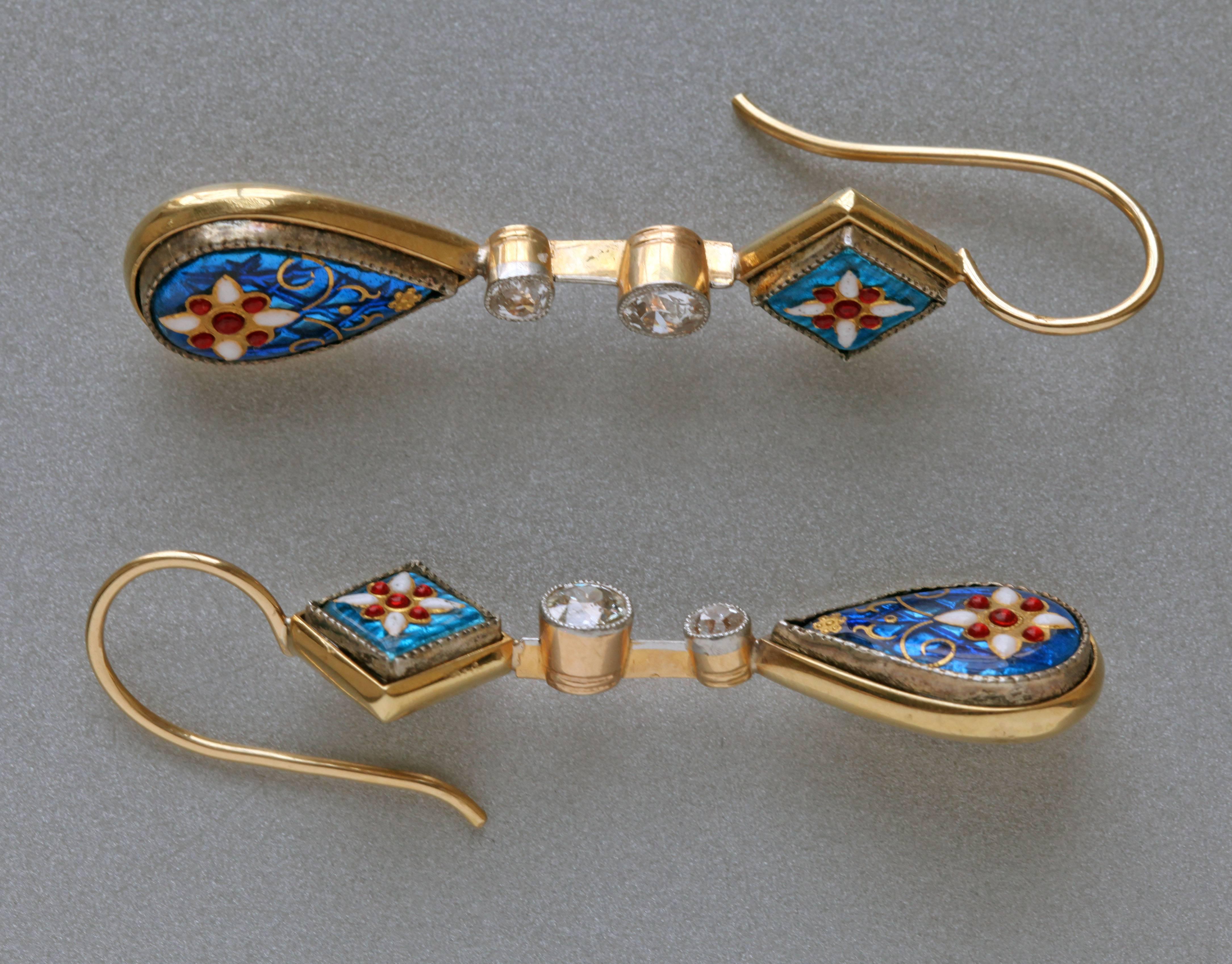 Antique Bresse Enamel Diamond Gold Earrings 1