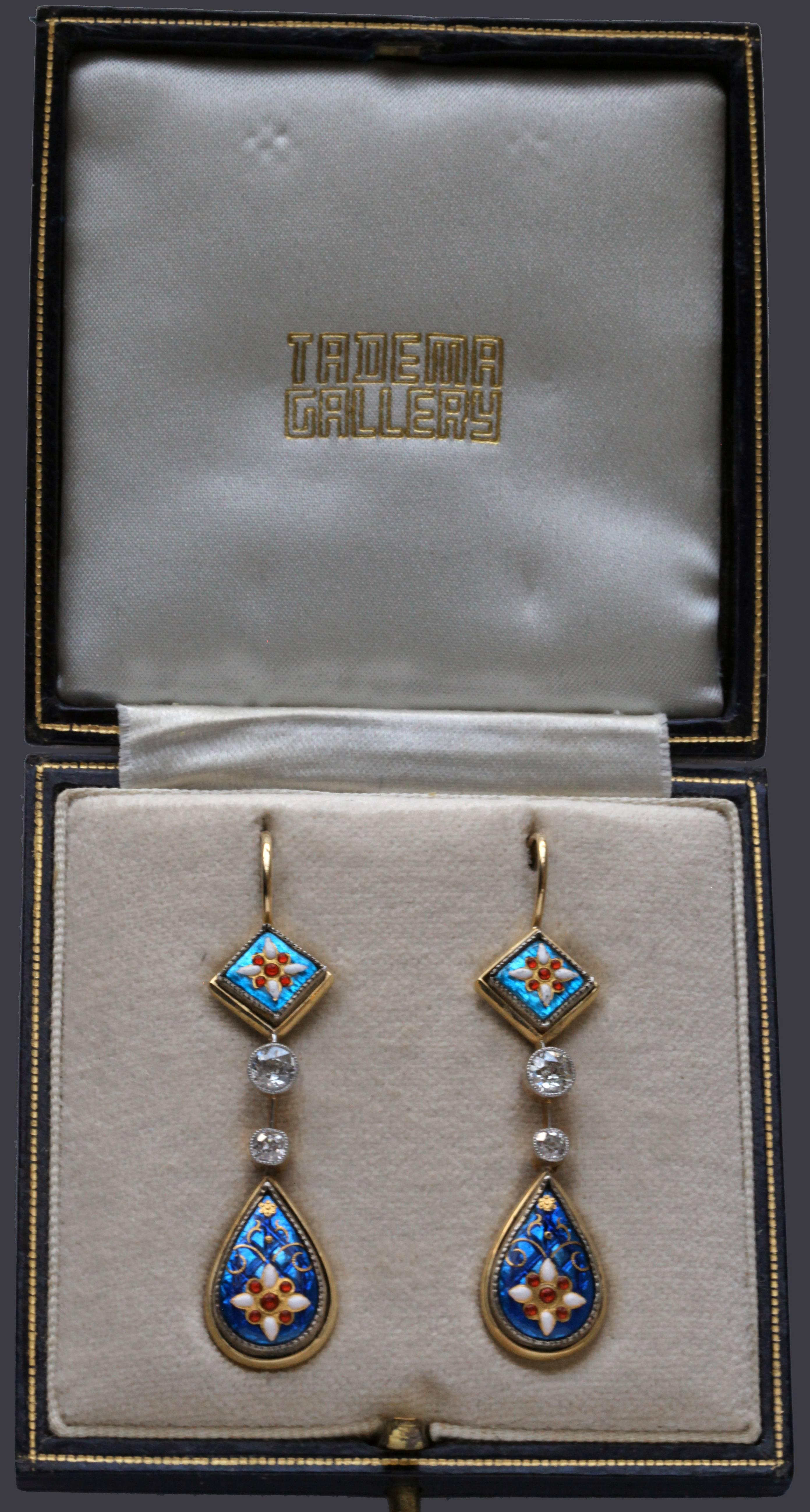 Antique Bresse Enamel Diamond Gold Earrings 2