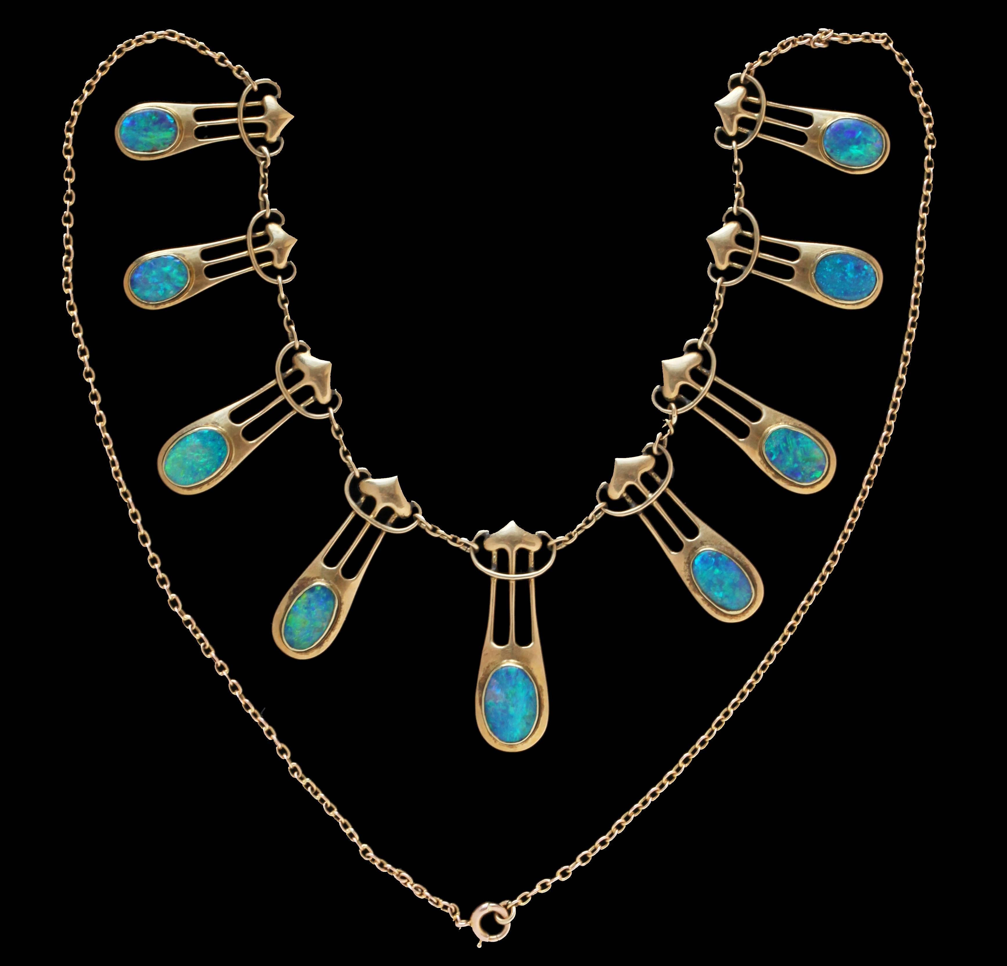 Beautiful Art Nouveau Necklace with perfectly matched superb opals
 H  2.87 cm (1.13 in)    L  46.50 cm (18.31 in)
Origin 	United Kingdom, c. 1900
Marks 	'MBC' monogram & '15ct'
Condition  Very good	
Weight 	14.00 Grams 
