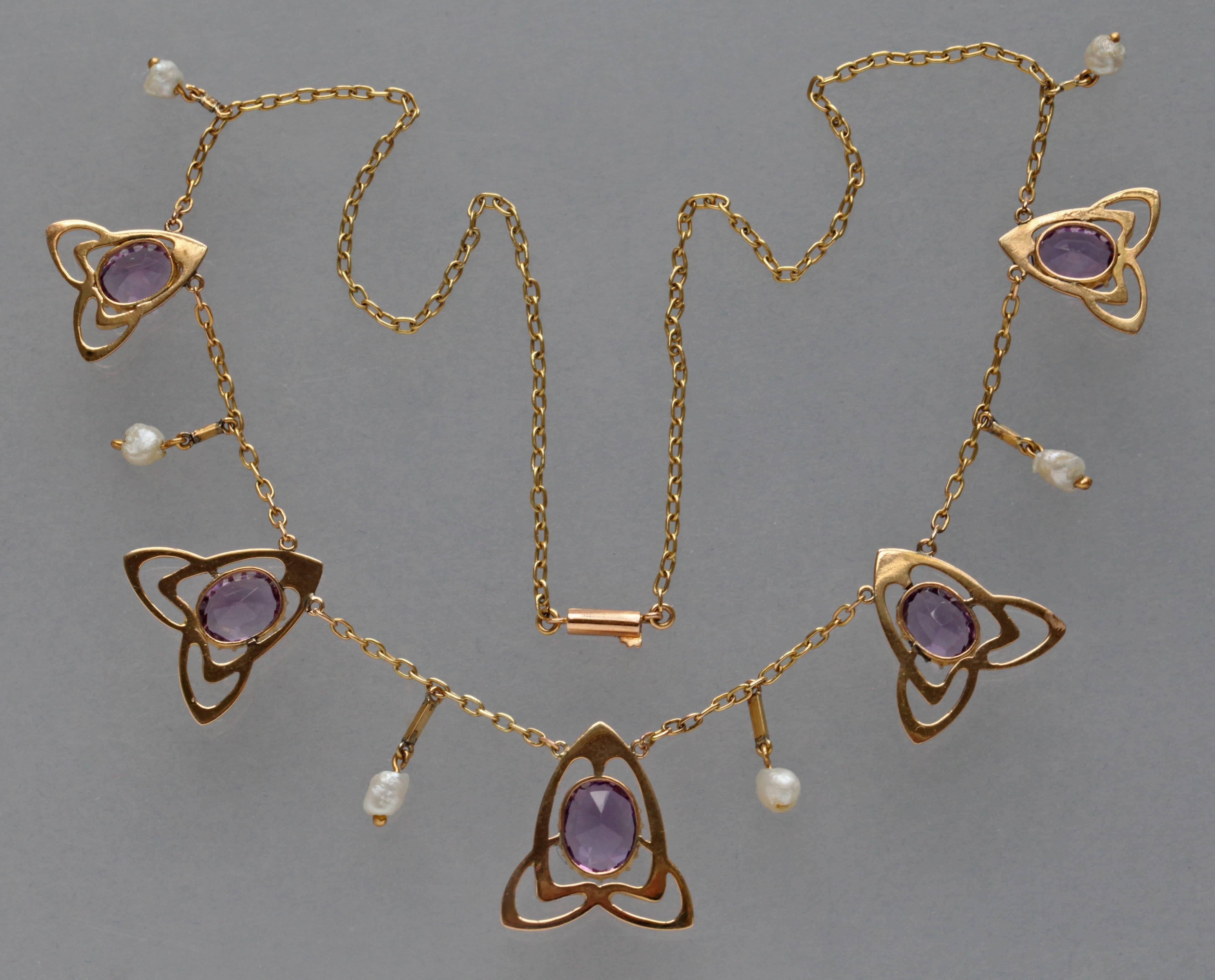 Archibald Knox Liberty & Co Amethyst Gold Necklace In Excellent Condition In London, GB