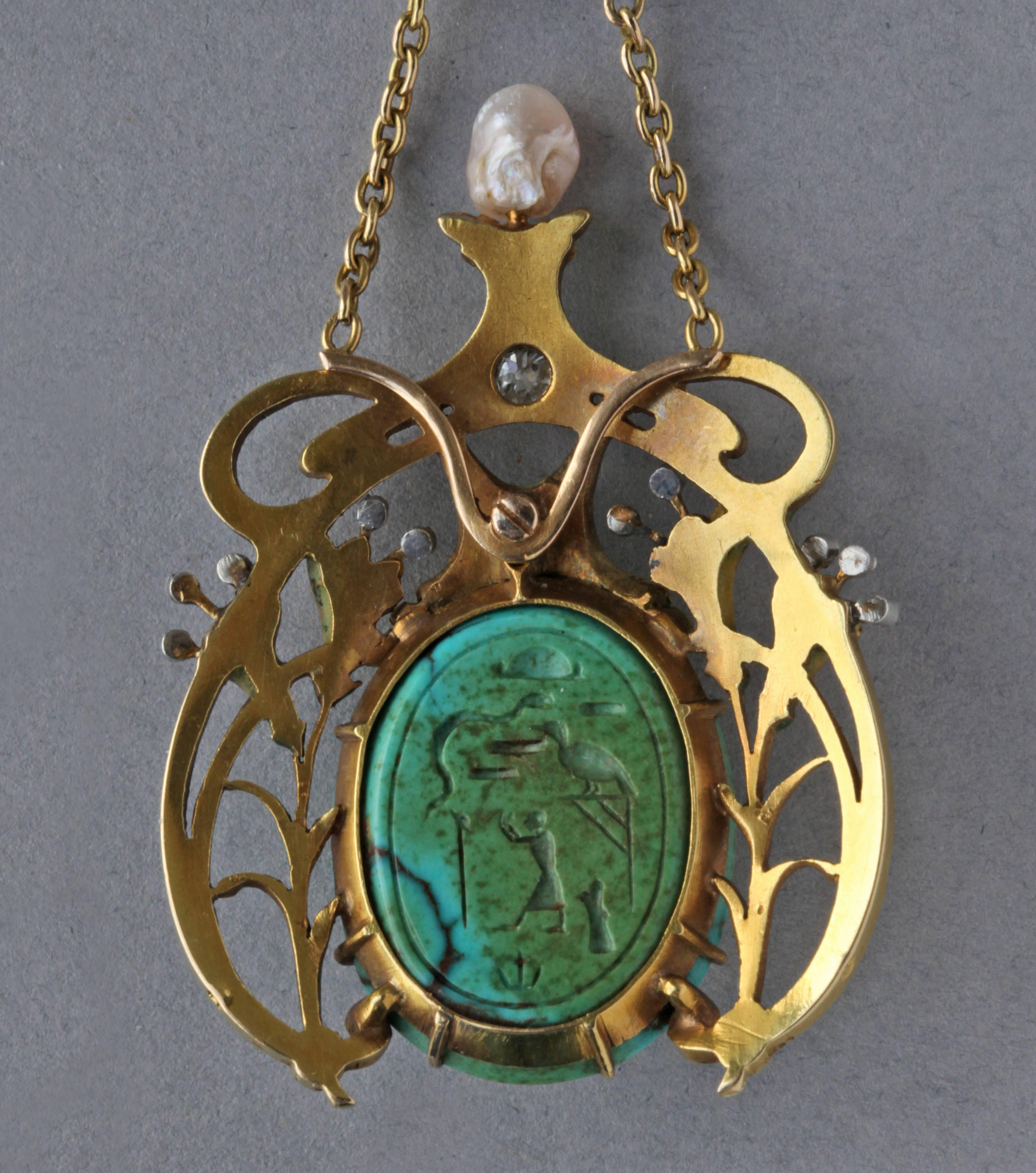 Art Nouveau Guillemin Frères Fin de Siècle Enamel Turquoise Pearl Diamond Gold Necklace For Sale