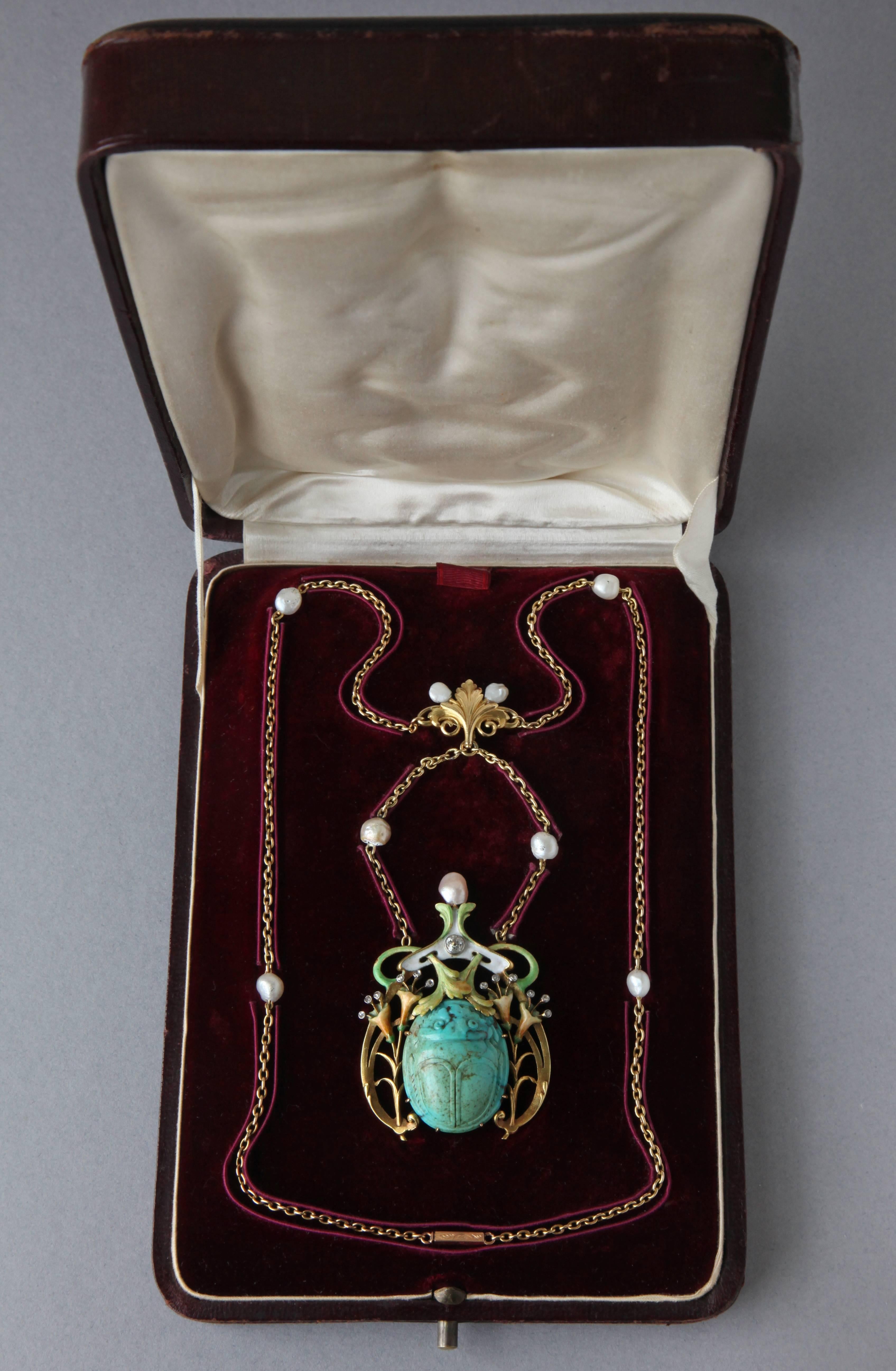 Old European Cut Guillemin Frères Fin de Siècle Enamel Turquoise Pearl Diamond Gold Necklace For Sale