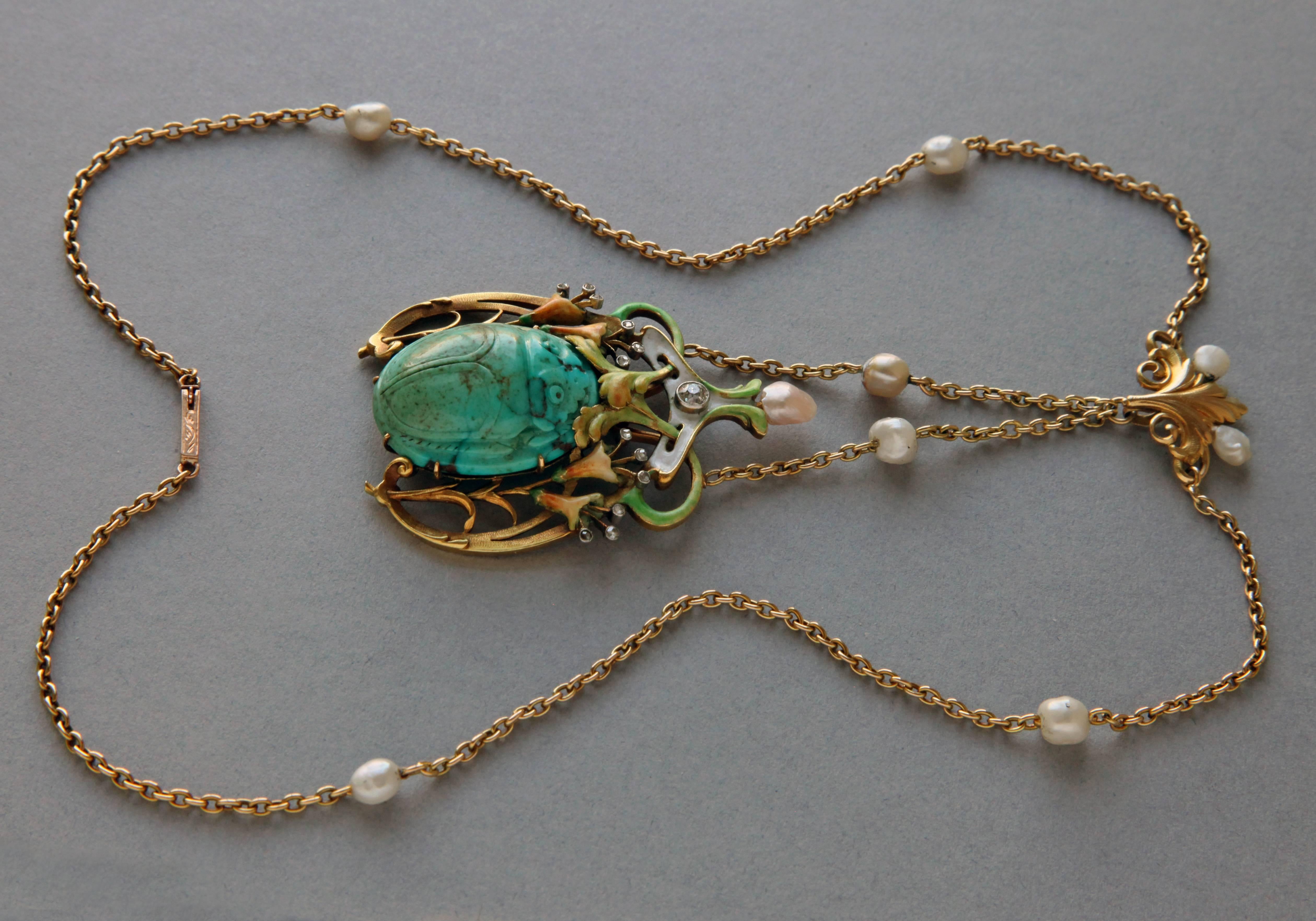 Guillemin Frères Fin de Siècle Enamel Turquoise Pearl Diamond Gold Necklace In Good Condition For Sale In London, GB