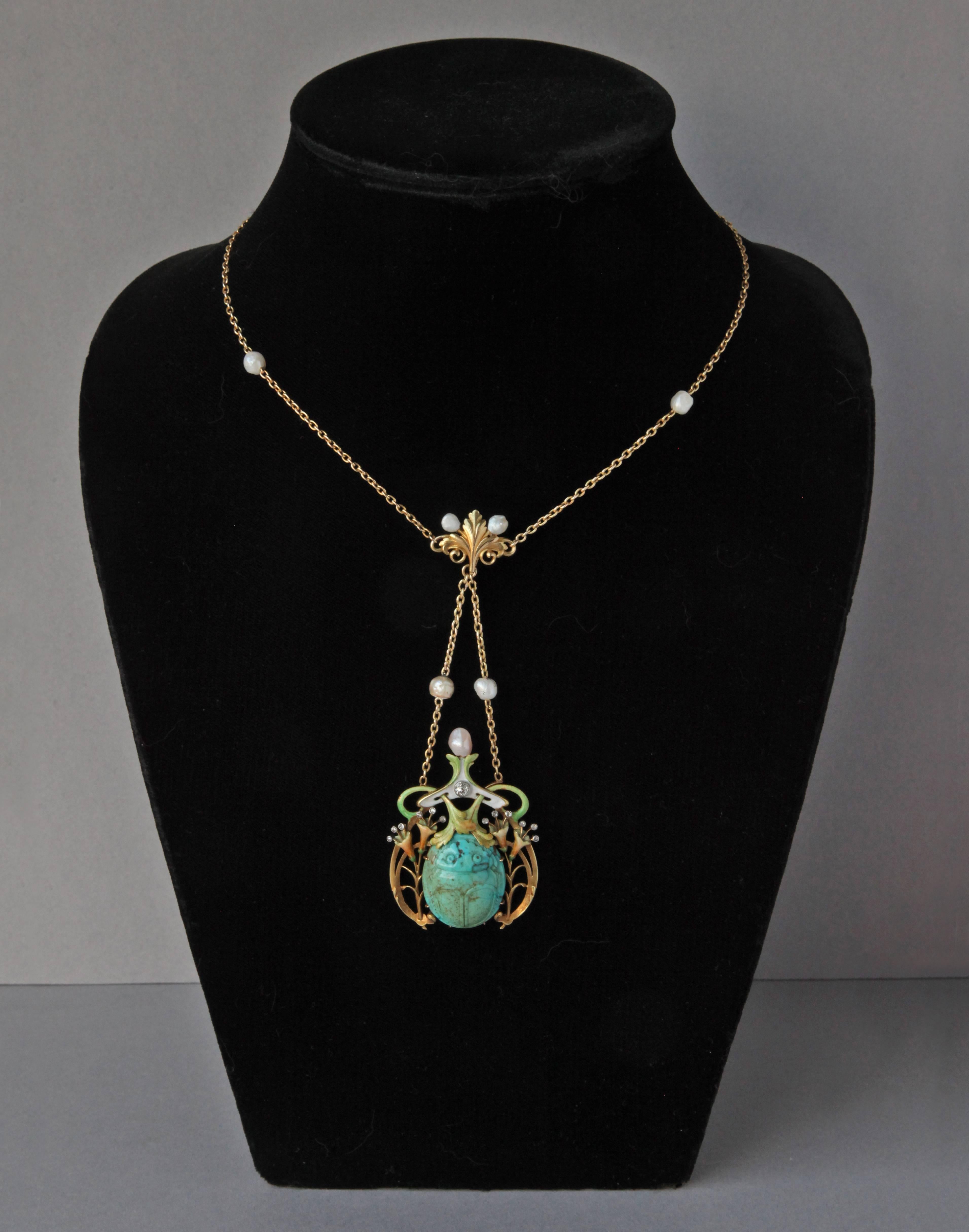 Guillemin Frères Fin de Siècle Enamel Turquoise Pearl Diamond Gold Necklace For Sale 1