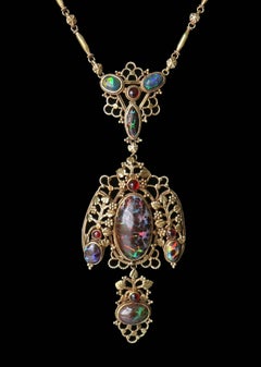 John Bonnor a Superb Arts & Crafts Gold, Black Opal and Ruby Necklace
