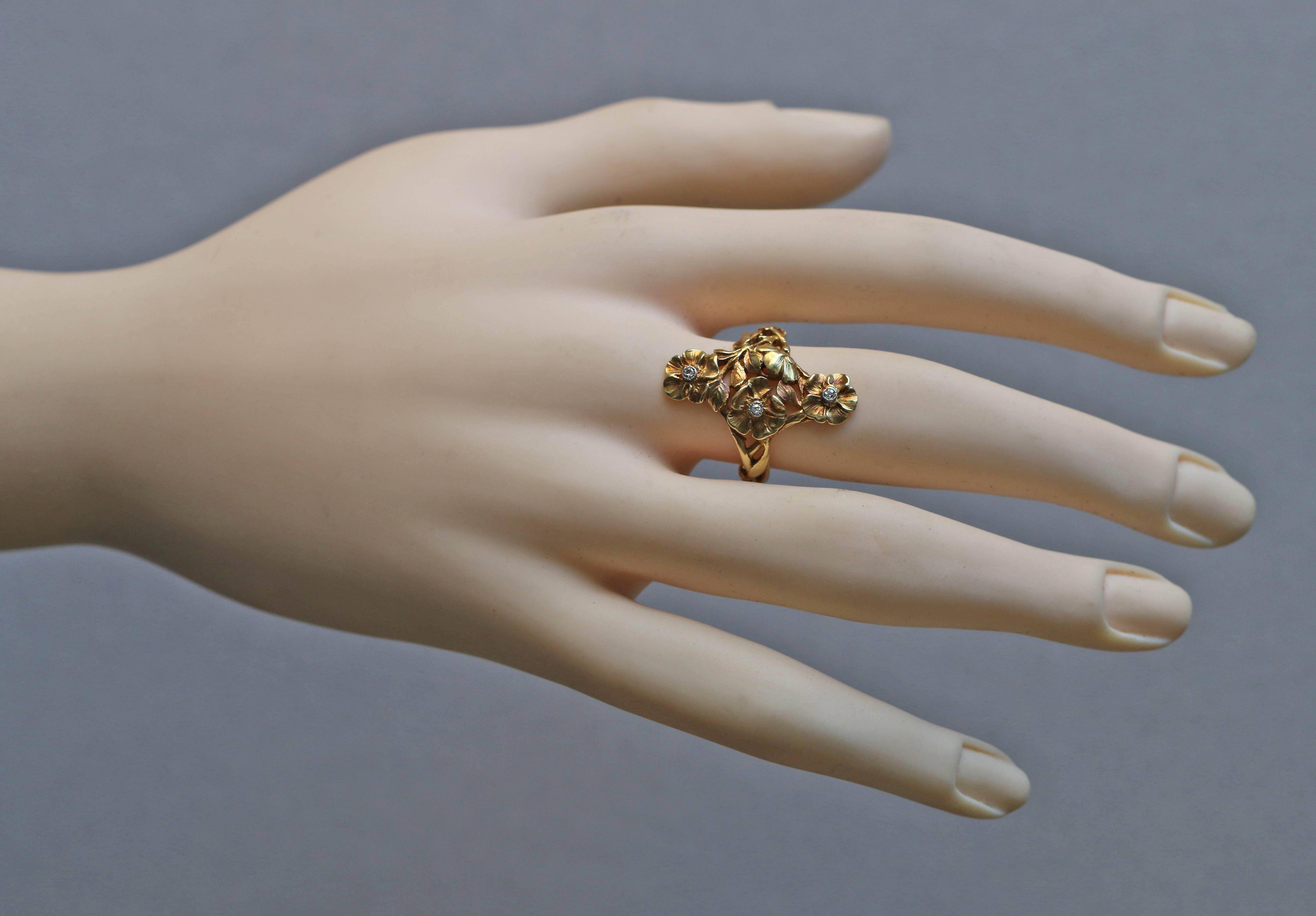 Old European Cut Art Nouveau Wild Rose Ring in Gold and Diamond Attributed to Georges Le Turcq