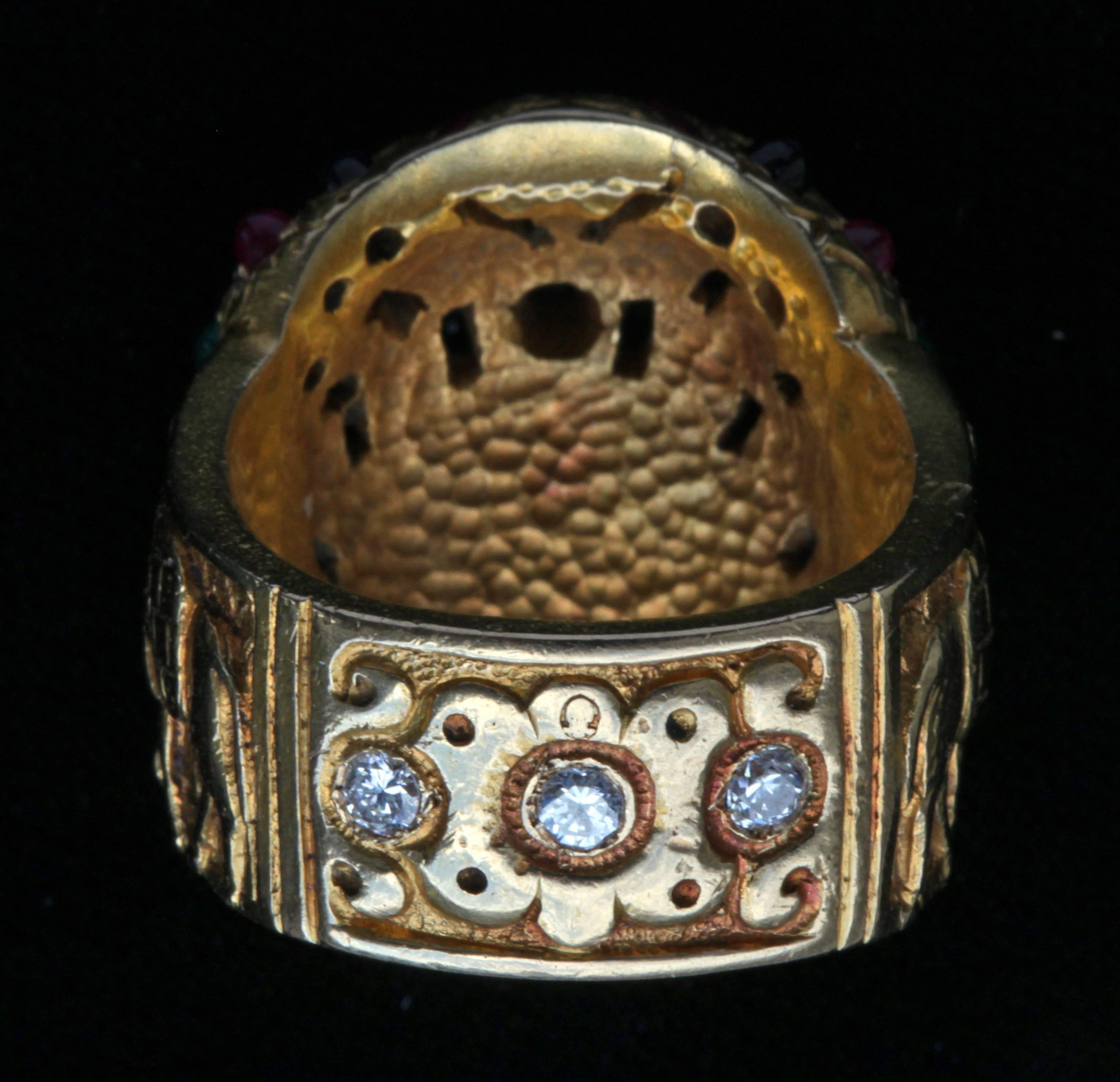 Women's or Men's French Art Deco Femme Orientale Emerald Ruby Sapphire Diamond Gold Ring
