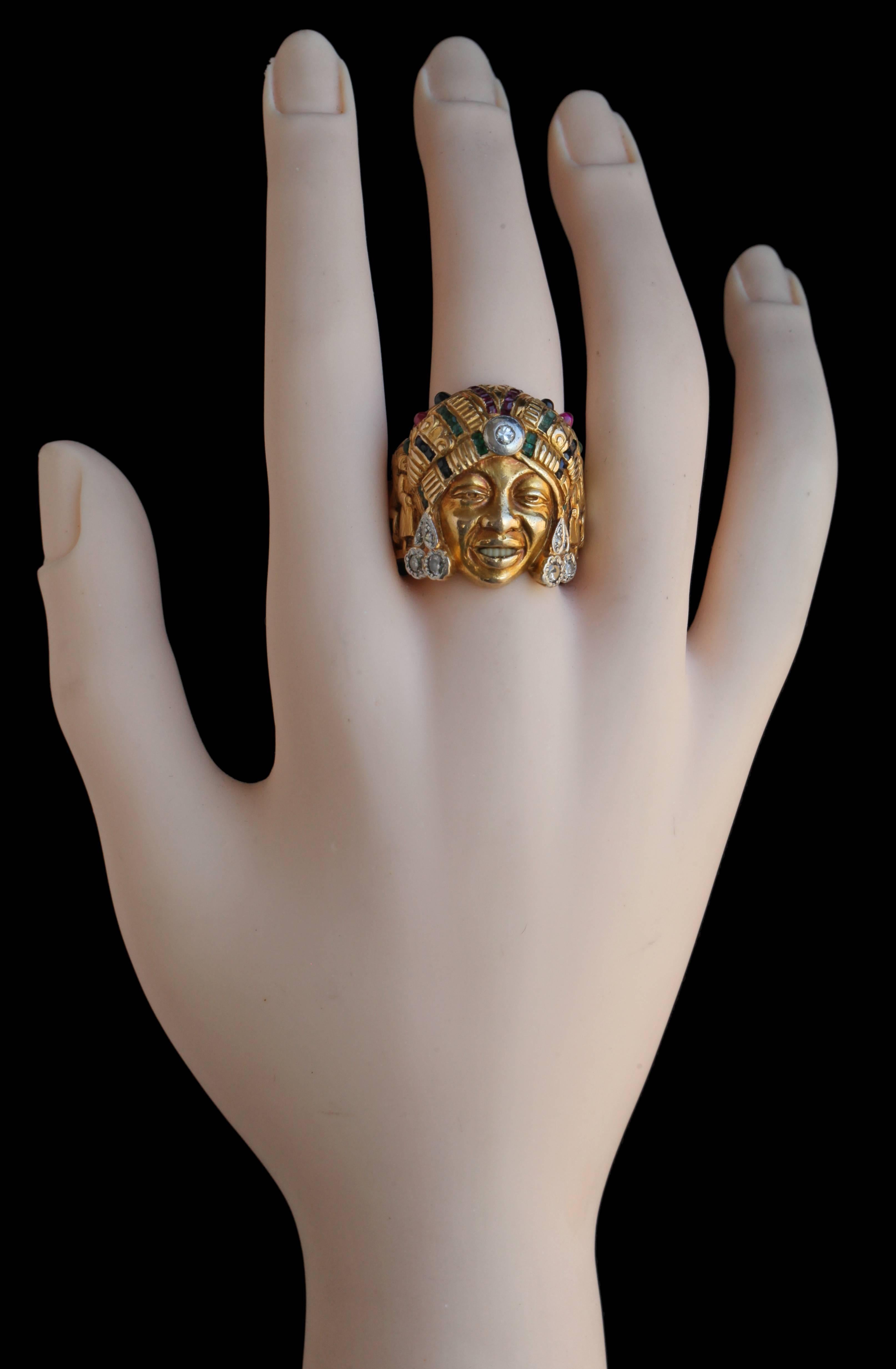 French Art Deco Femme Orientale Emerald Ruby Sapphire Diamond Gold Ring 2