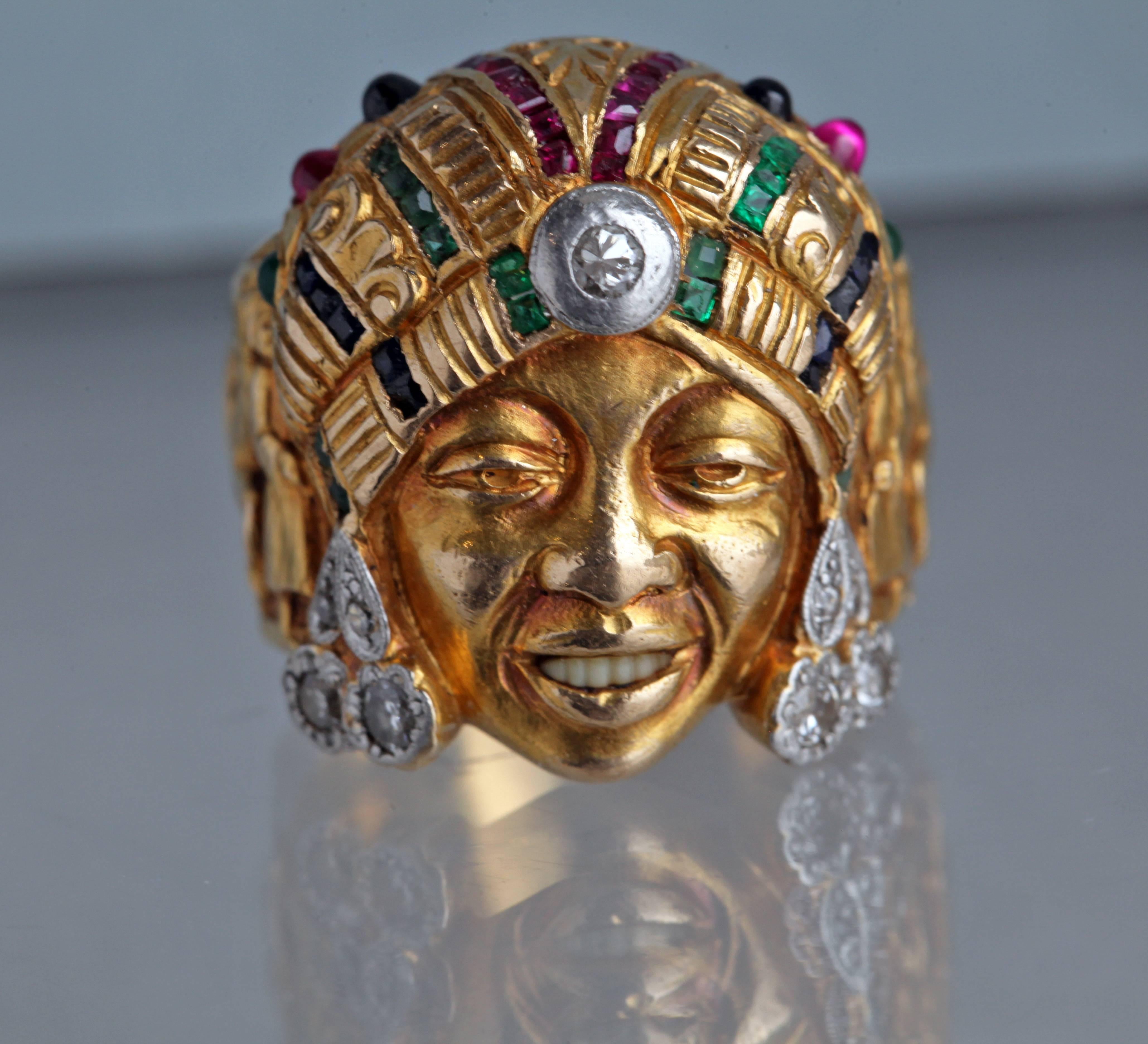 French Art Deco Femme Orientale Emerald Ruby Sapphire Diamond Gold Ring 3