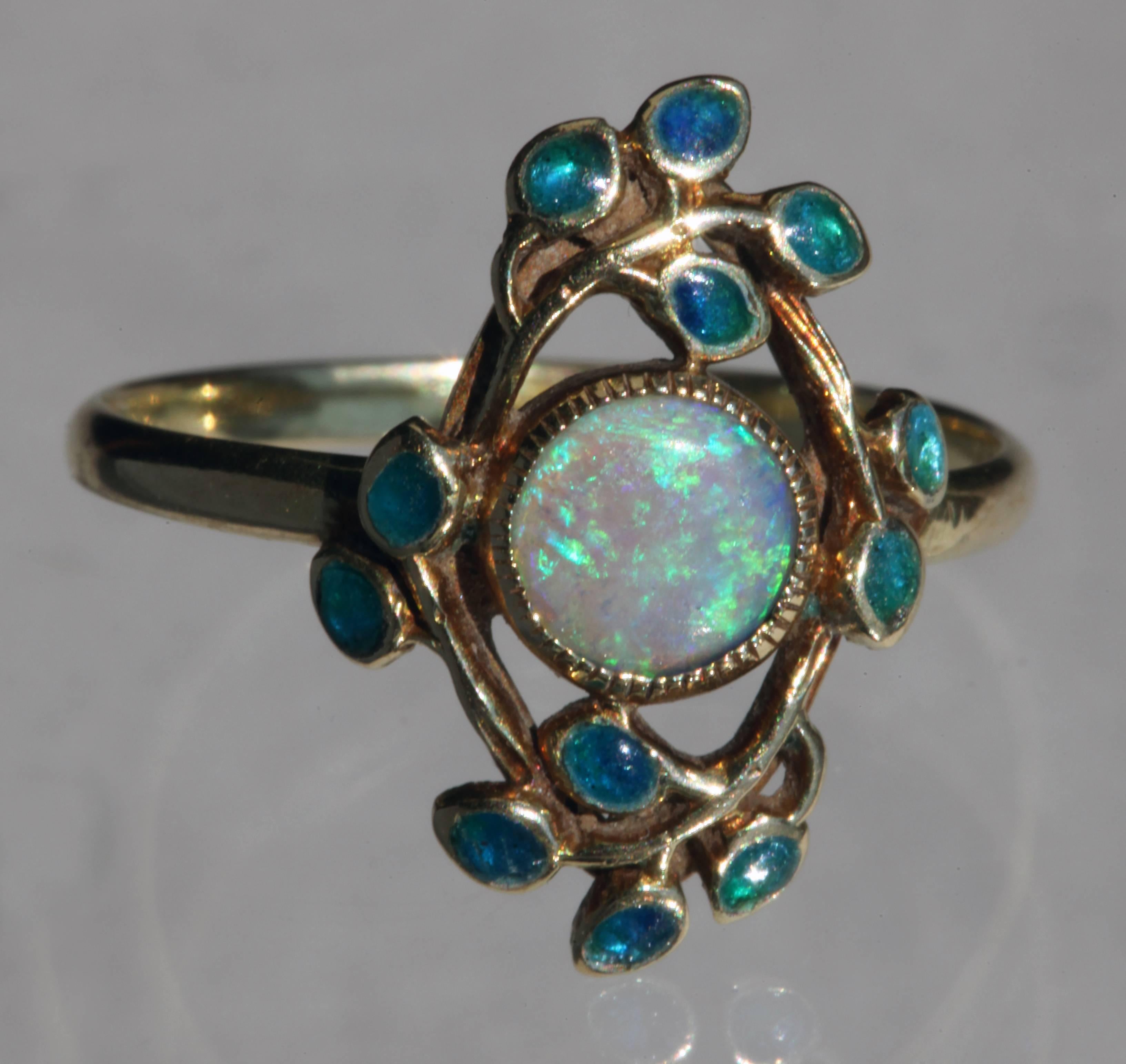 Jessie M. King Liberty & Co Gold Opal and Enamel Ring In Excellent Condition In London, GB