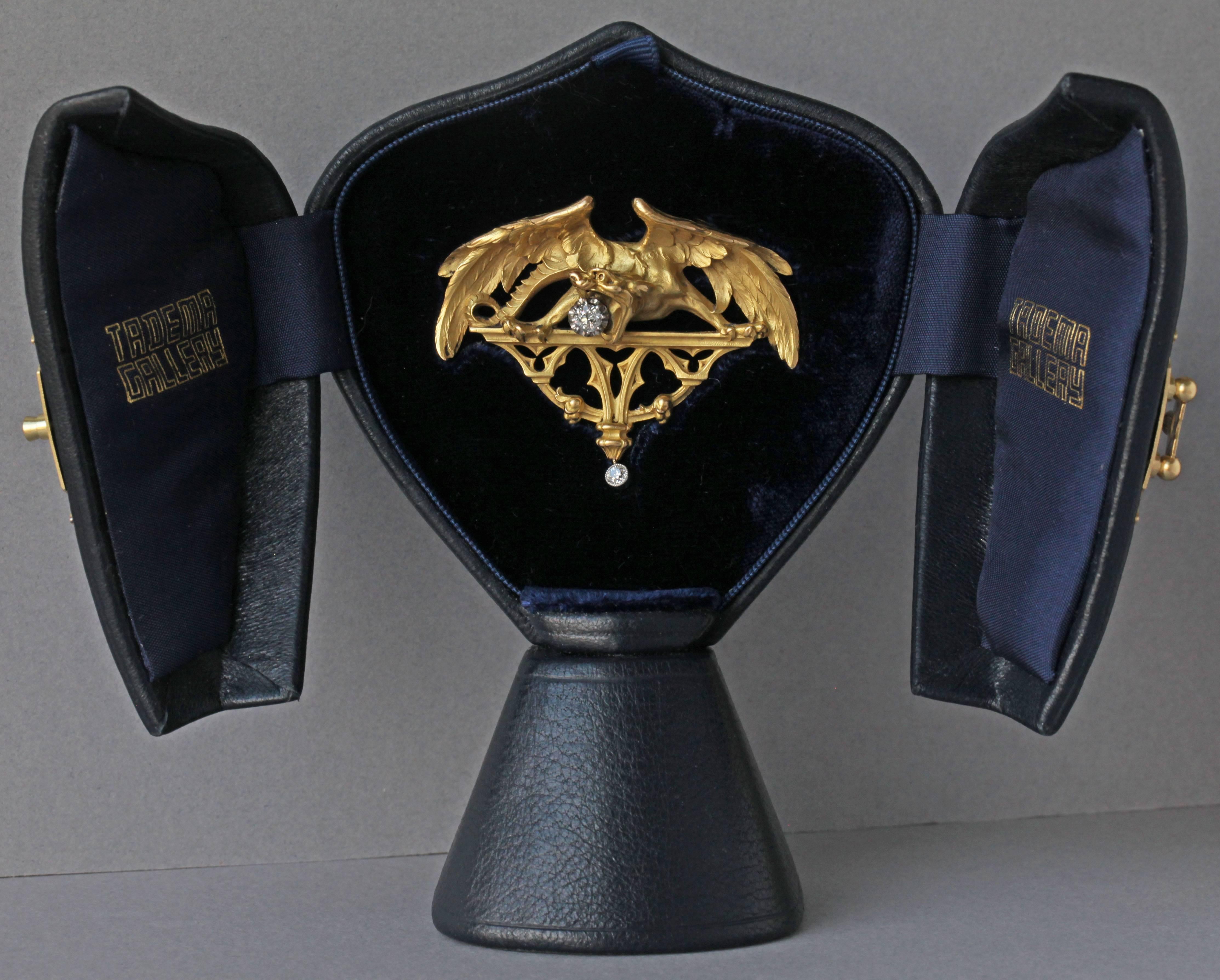 Women's or Men's Gothic Chimera Diamond Gold Pendant Brooch