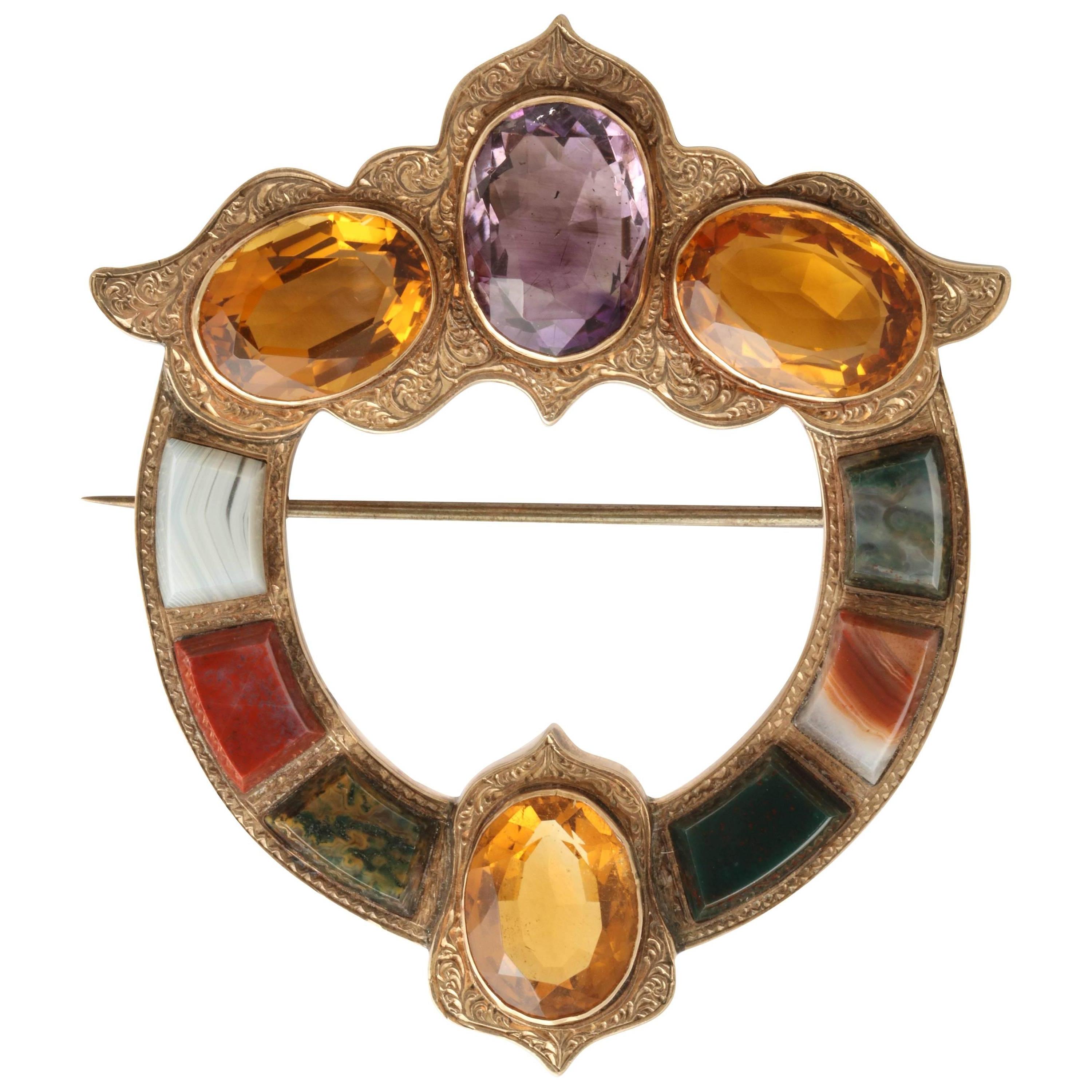 Citrine and Amethyst Scottish Agate Brooch For Sale