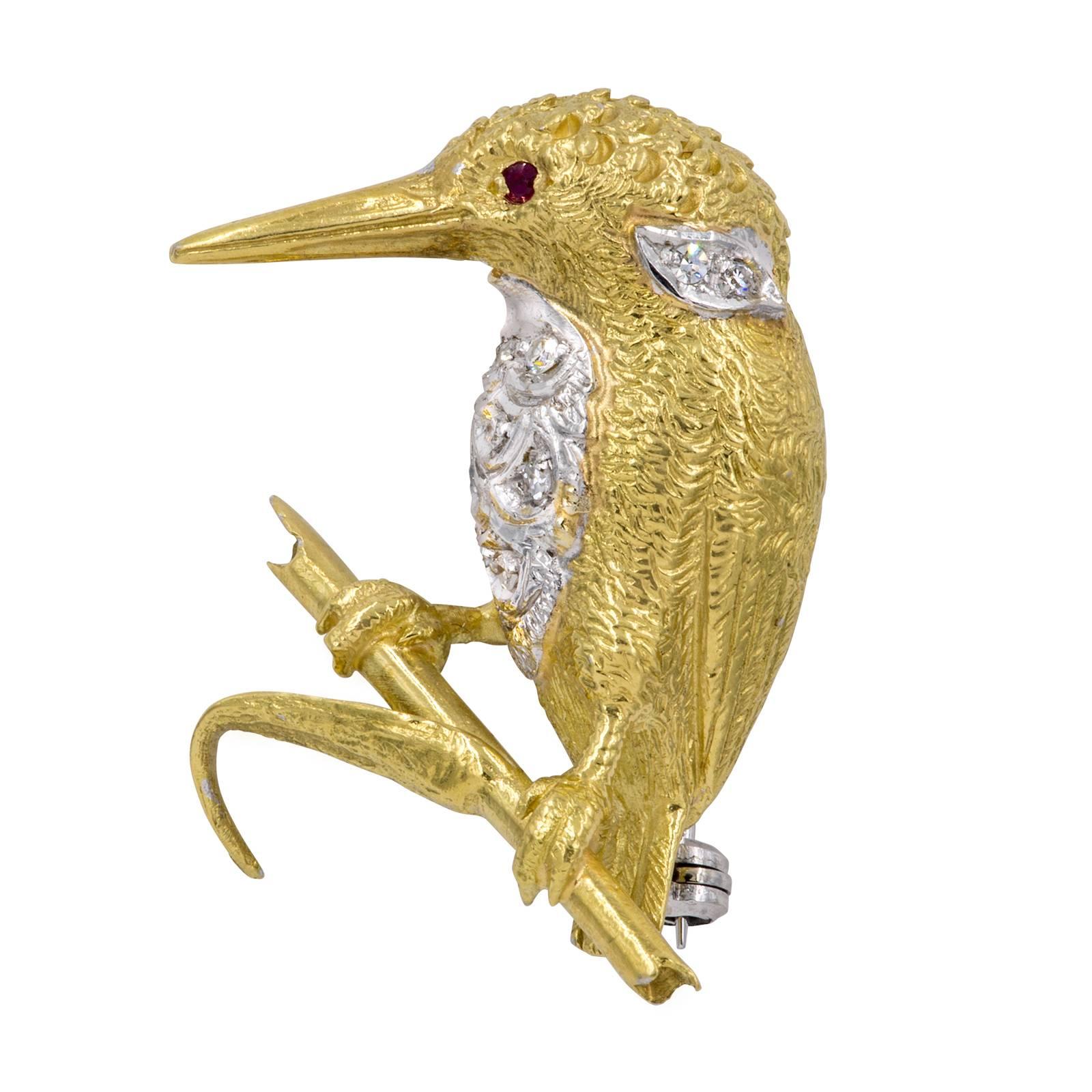 Charming Bird Brooch, Kingfisher sitting on a branch.  18k yellow gold with diamond breast.  Ruby eye and diamonds on its nape too.  Total of 8 diamonds. .15ct.  Total weight 10.82g.  1.25h X 1