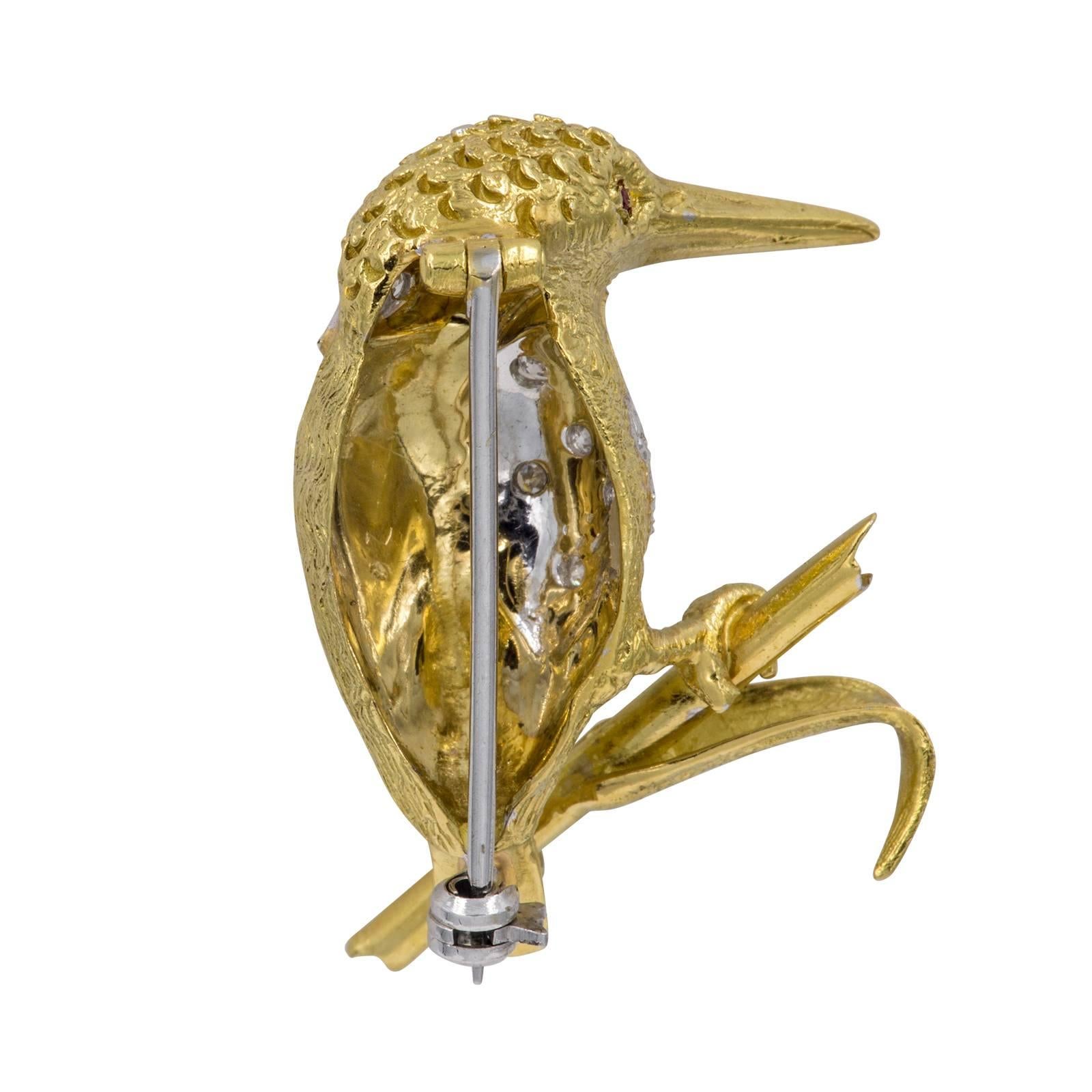 Kingfisher Bird Diamond and Ruby Brooch In Excellent Condition In Summerland, CA