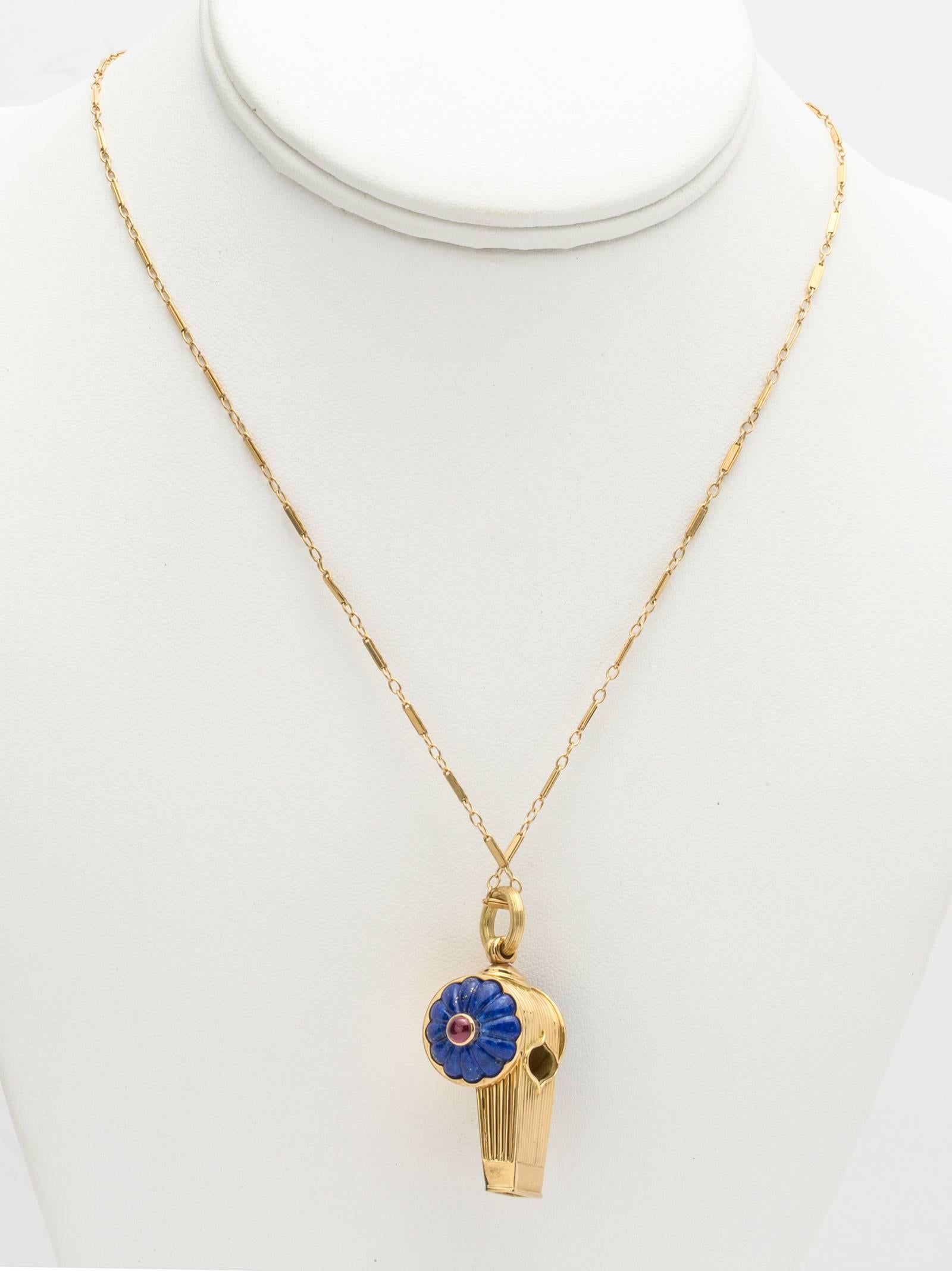 Lapis Ruby Gold Whistle Pendant In Excellent Condition In Summerland, CA