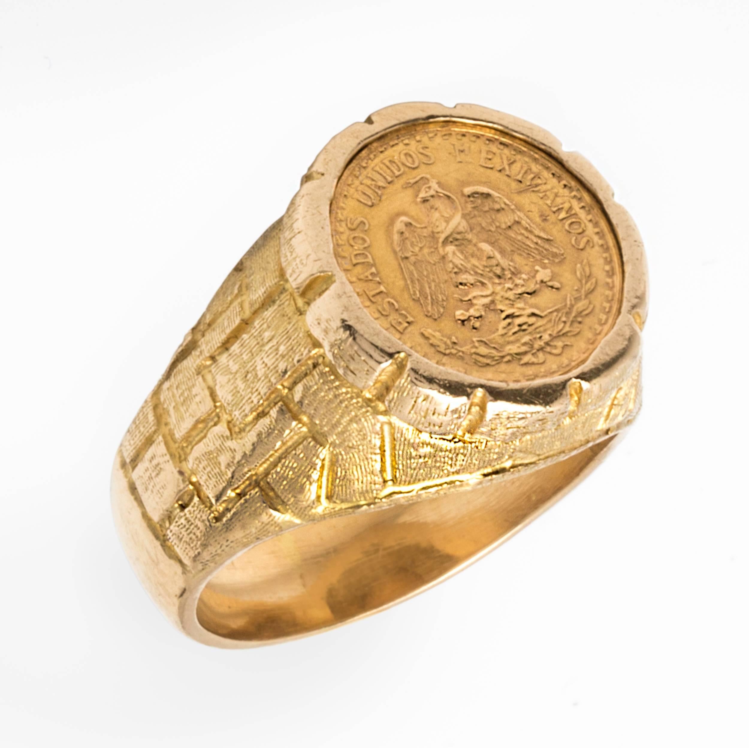 18k yellow gold.  Hallmarked Mexico and '18k D TORZAL'. Size 8.5
Dos pesos 1945.  Weight: 18.2g
