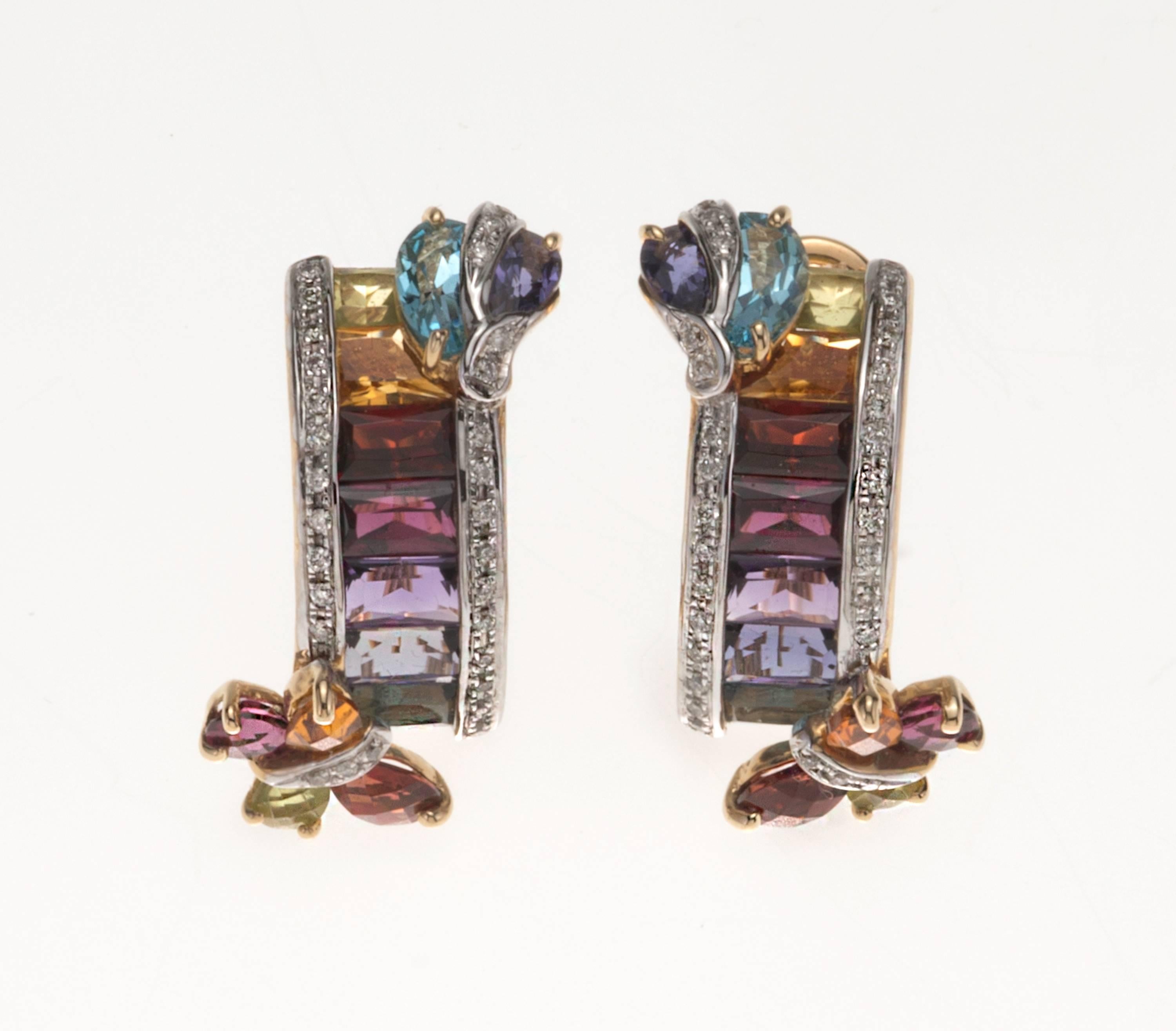 18 Karat yellow gold, Diamonds, Garnets,  Citrine,Peridots, Amethysts and Blue Topaz Earrings.  Omega back clips.  
