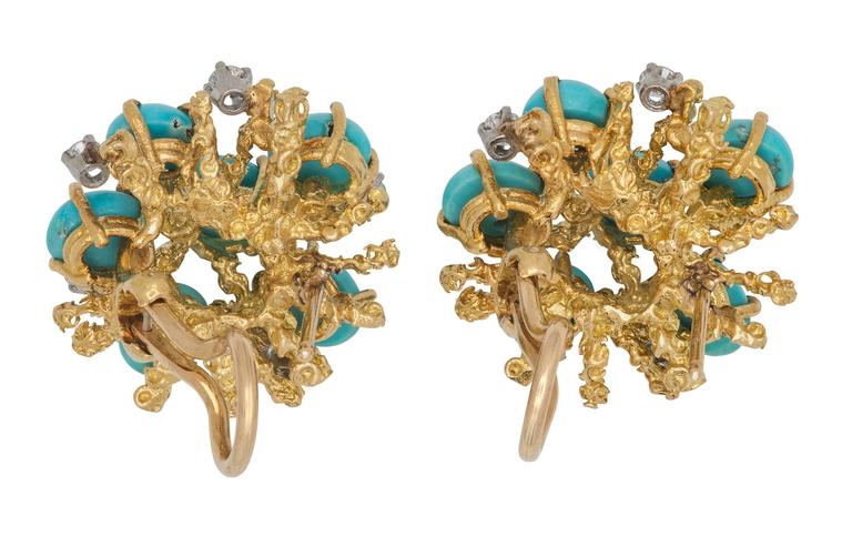 Persian Turquoise Diamond Gold Earrings at 1stDibs