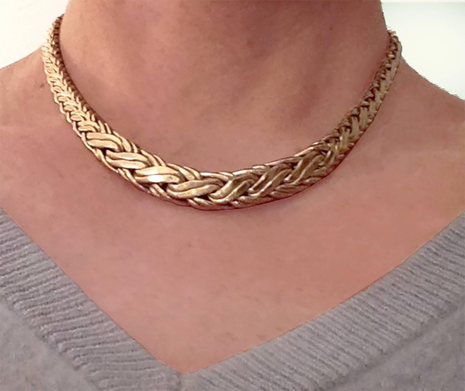 Beautiful Tiffany and Company, 14 karat yellow gold Russian weave necklace.
 16.25 inches long.  Graduates from 9mm to 4mm.  With safety latch.  34.2g.
Stamped Hallmarks  Tiffany & Co. 585