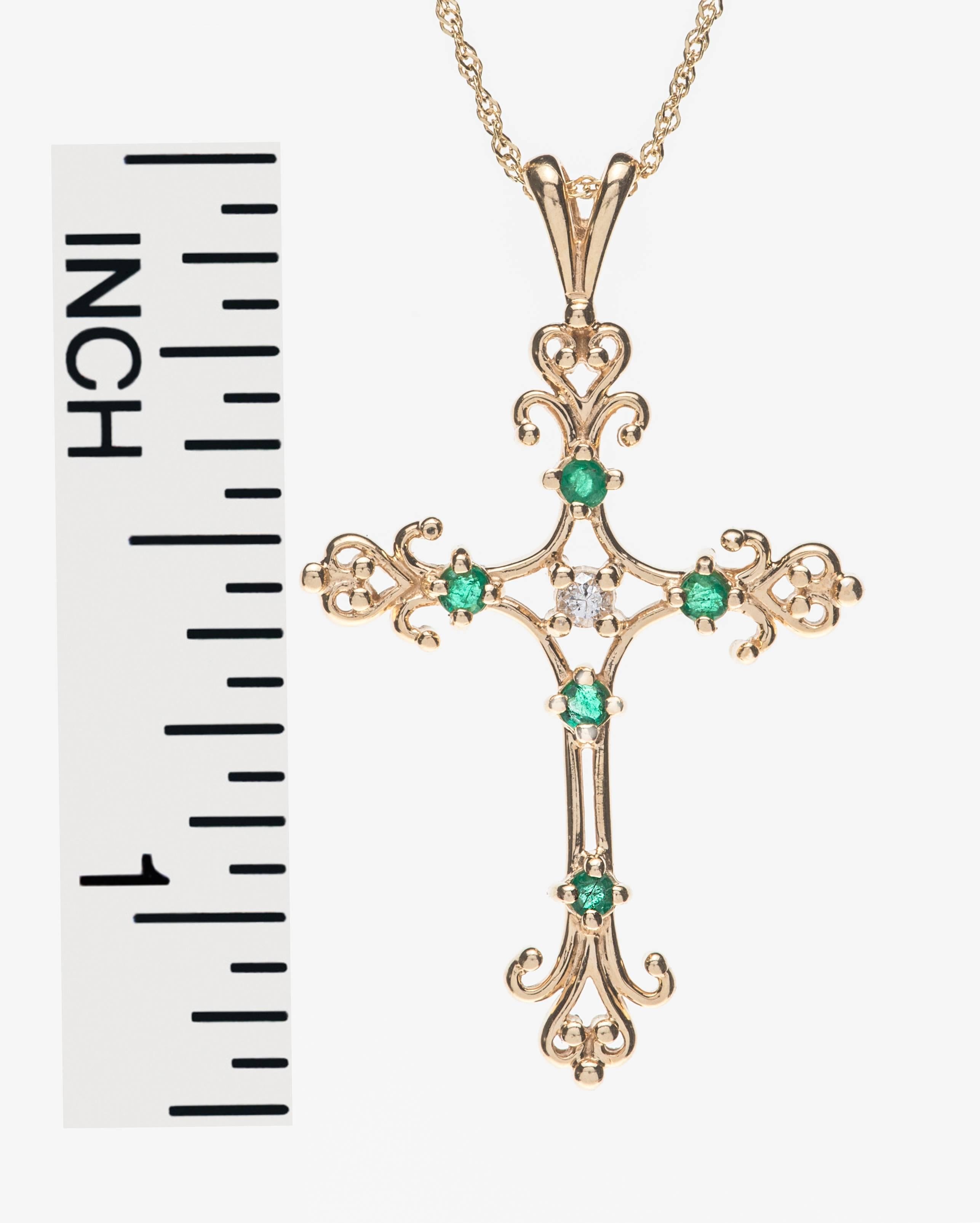 Women's or Men's Emeralds and Diamond Filigree Gold Cross