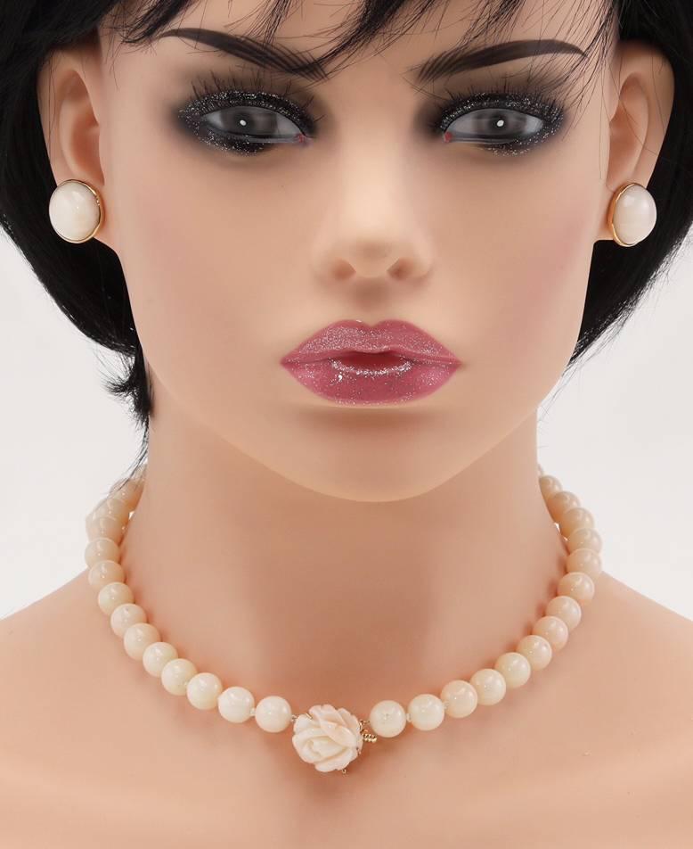 Women's Angel Skin Coral Bead Necklace and Earring Set