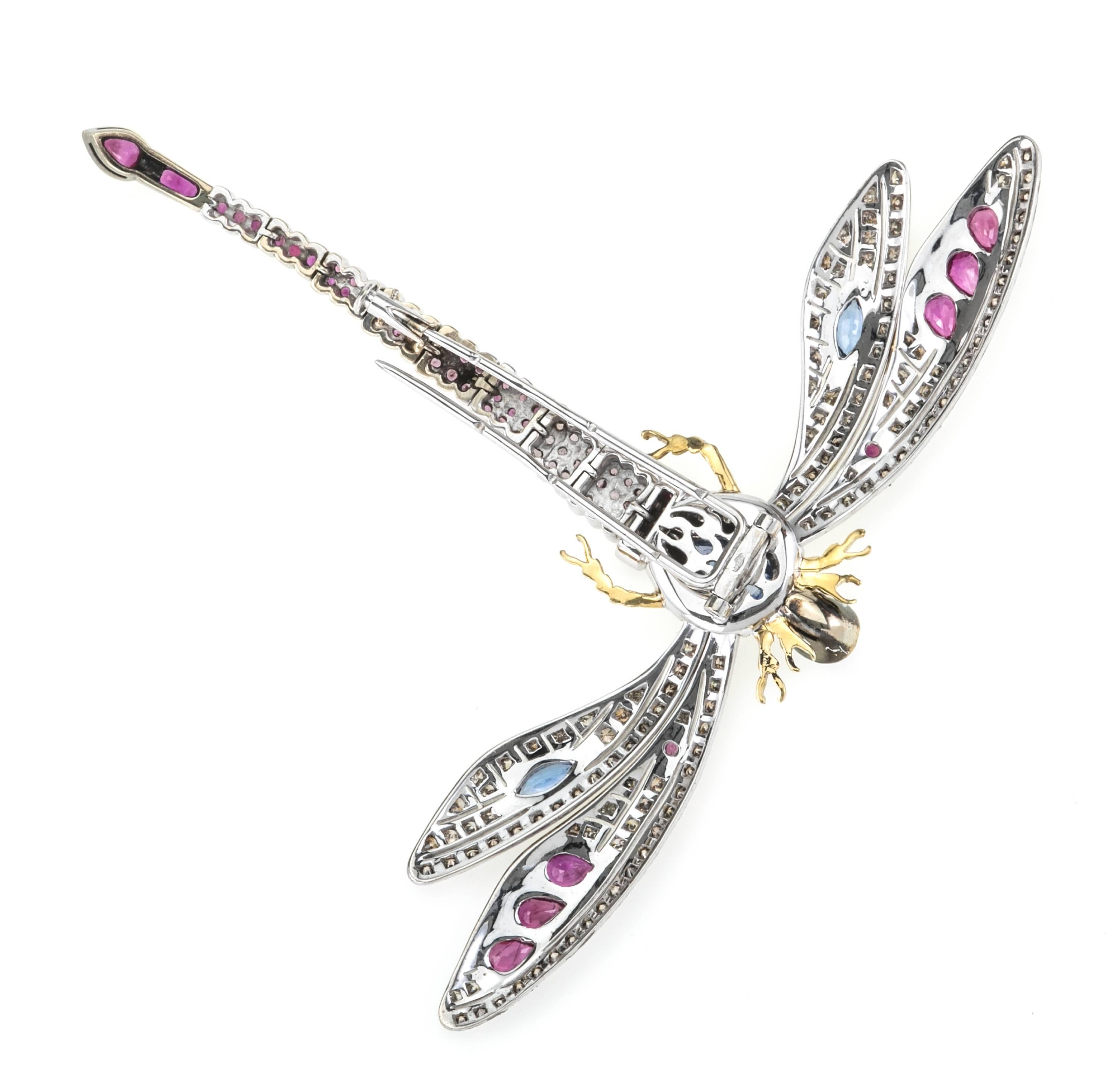 18 Karat Diamond Ruby Sapphire Dragonfly Brooch at 1stDibs