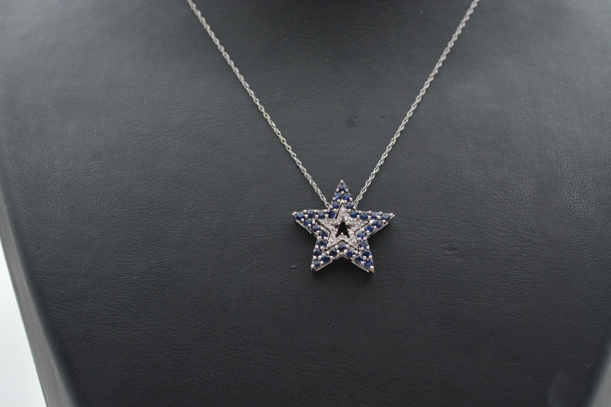 Taglio brillante Collana e pendente in oro bianco 10K con diamanti naturali e zaffiri_124024 in vendita