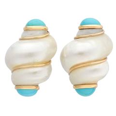 MAZ Mother-of-Pearl Turquoise Gold Turbo Shell Earclips