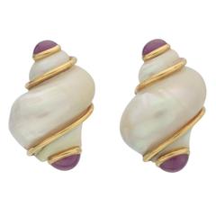 Seaman Schepps Small Turbo Shell Ruby Gold Earclips