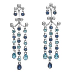 Sapphire Blue Topaz Diamond Gold Chandelier Earrings