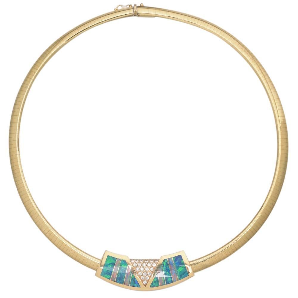 Opal Diamond Gold Pendant Collar Necklace 
