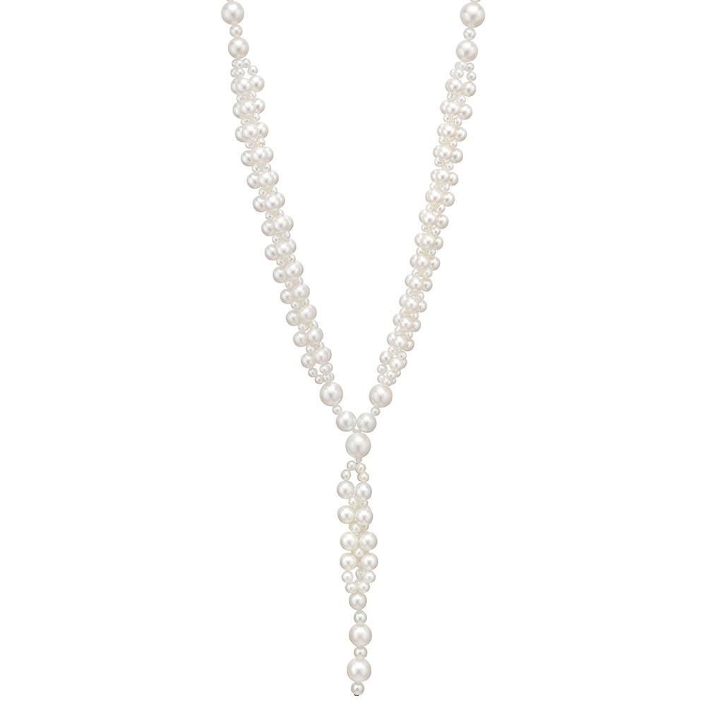 Fine cultured pearl 'Y' necklace, composed of various shaped round cultured pearls, the necklace alternating between intricately braided multi-strand and more simple single-strand sections. Slip on design. 30