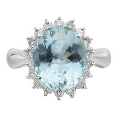 Aquamarine Diamond Platinum Cluster Ring