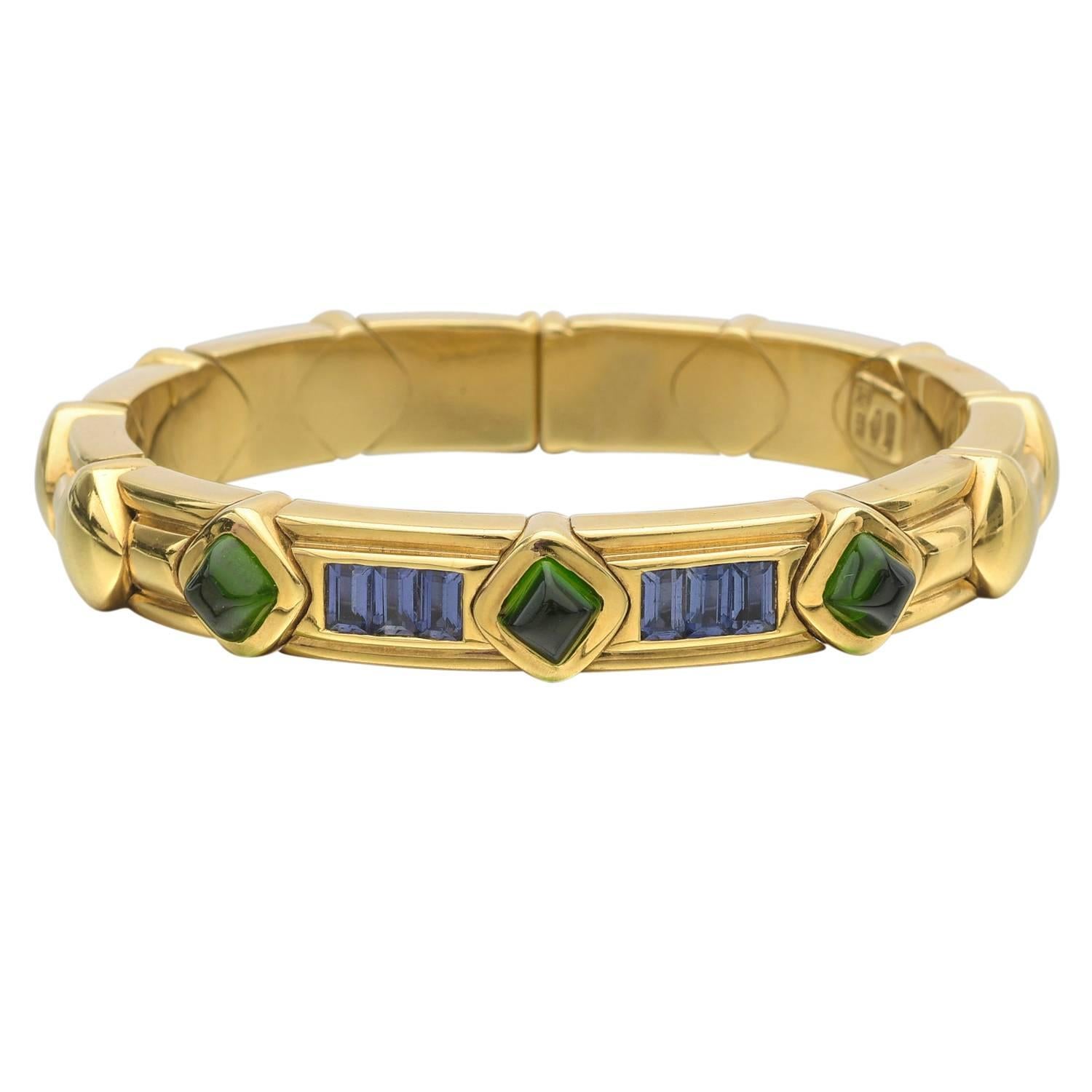 Green Tourmaline Iolite Gold Bangle Bracelet