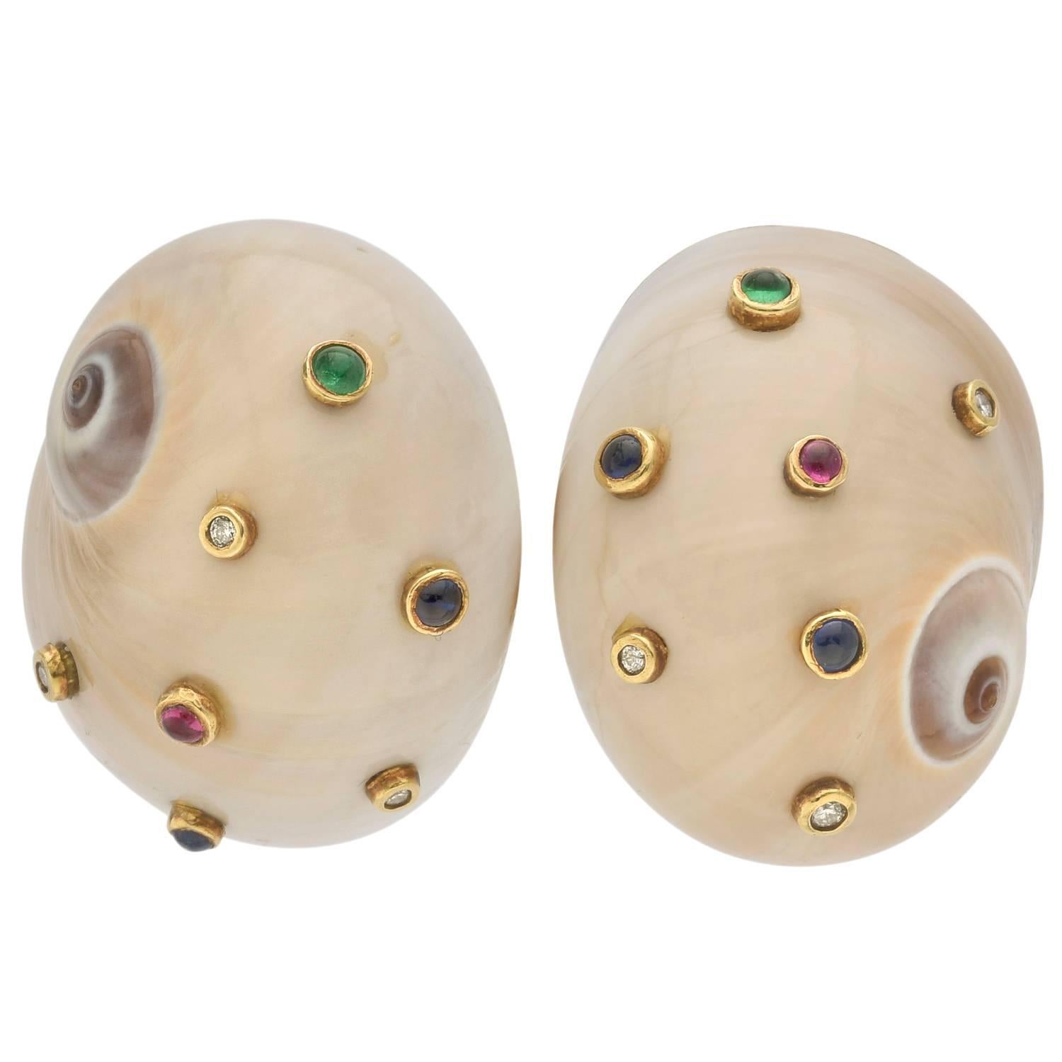 Multicolor Gem-Set Gold Shell Earclips