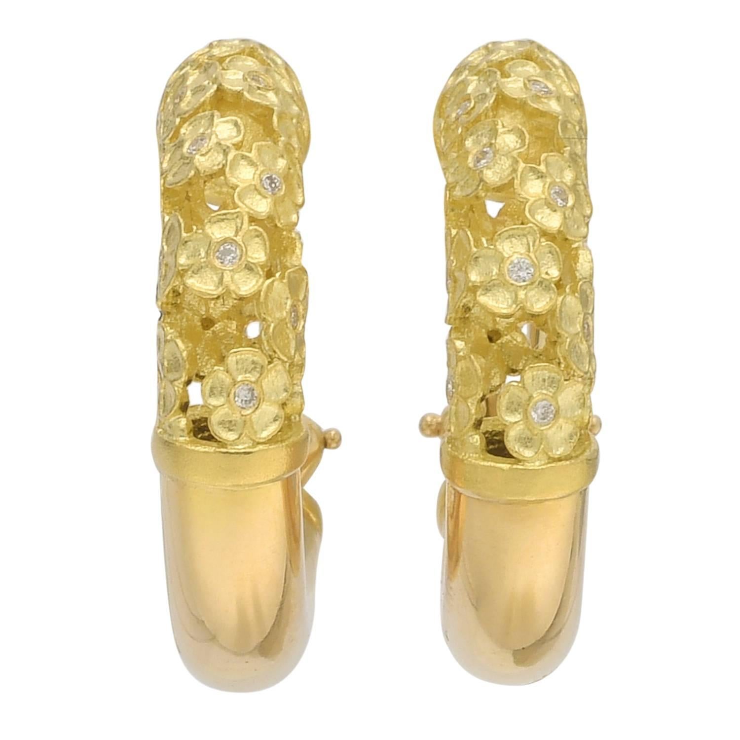 Paul Morelli "Flower Tube" Diamond Gold Hoop Earrings
