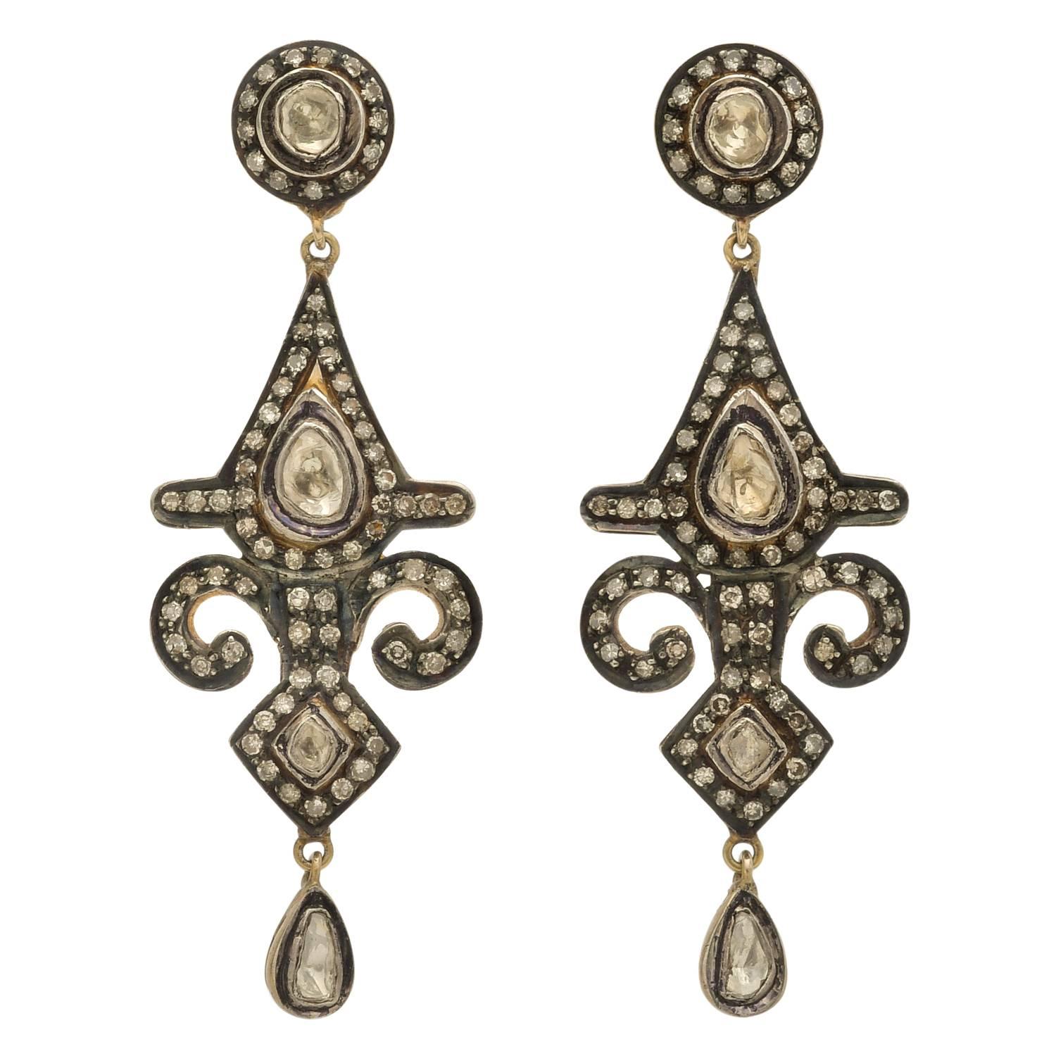 Indian Motif Diamond Silver Gold Pendant Earrings