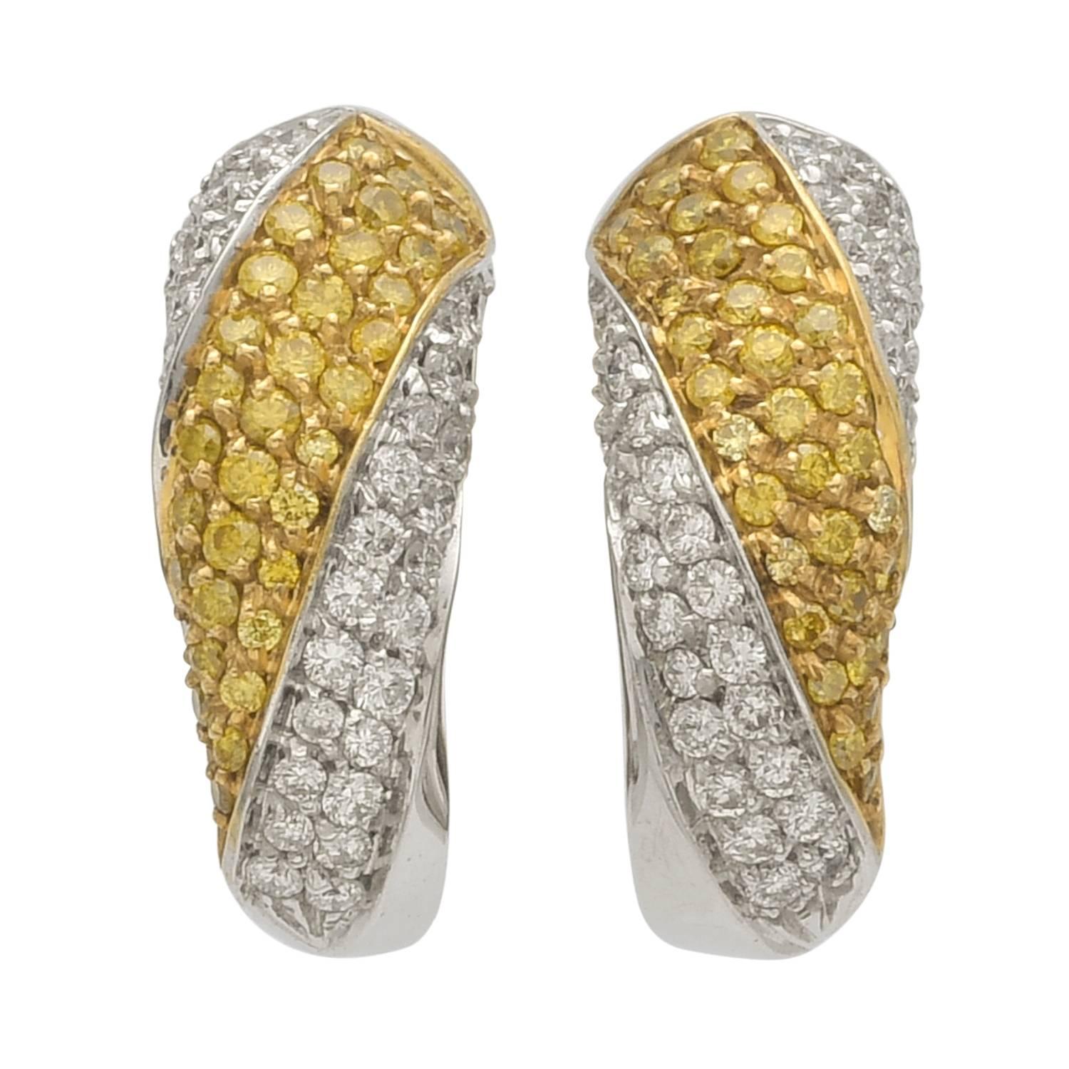 Yellow and White Diamonds Two Color Gold Half Hoop Earrings