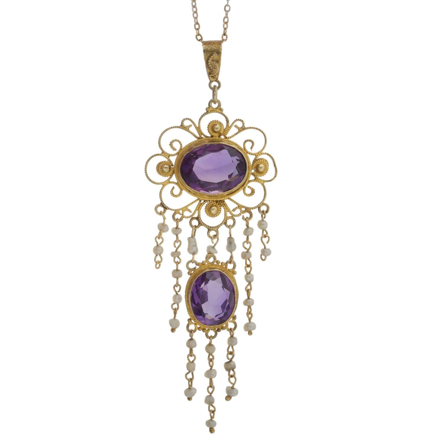 Amethyst and Seed Pearl Drop Pendant Necklace