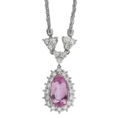 Pink Tourmaline and Diamond Cluster Drop Pendant Necklace