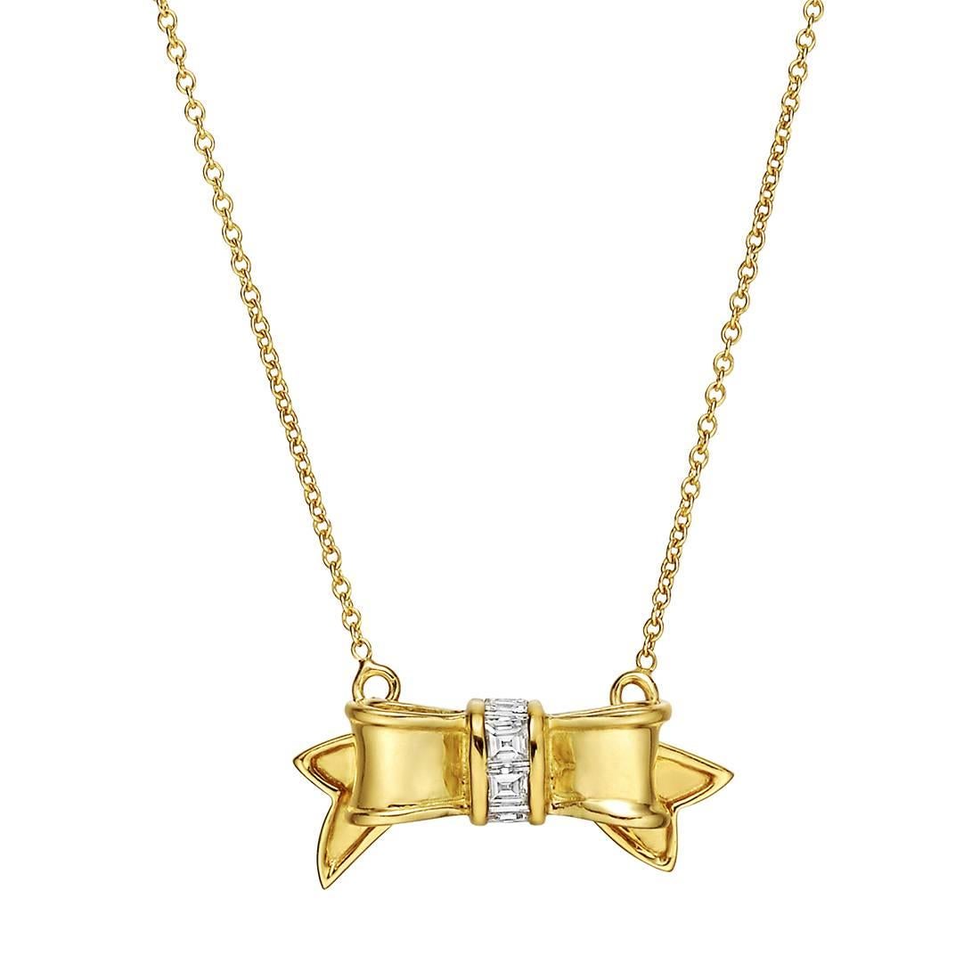 Tiffany & Co. Diamond Gold Bow Pendant Necklace