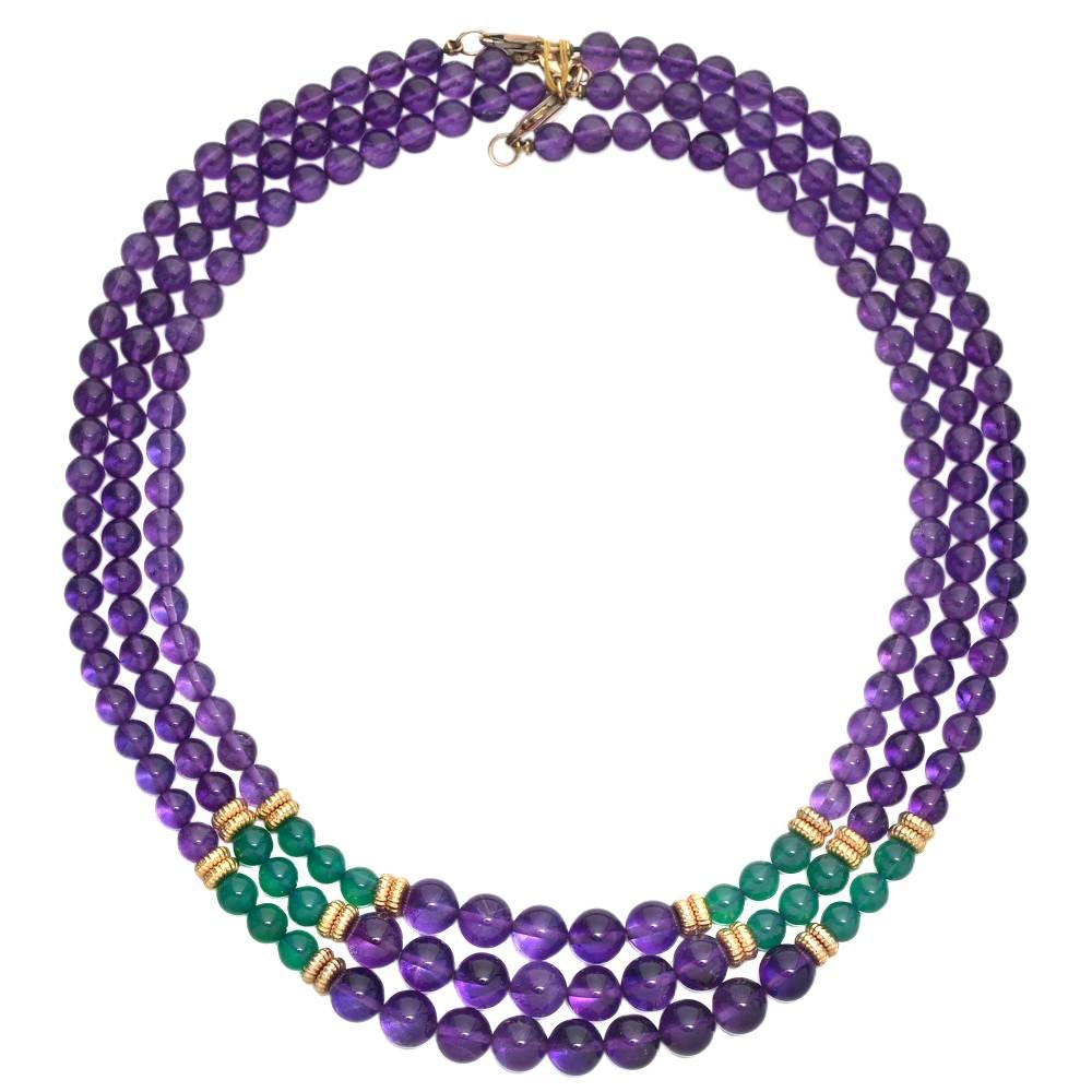 ThreeStrand Amethyst and Green Glass Bead Necklace at 1stDibs
