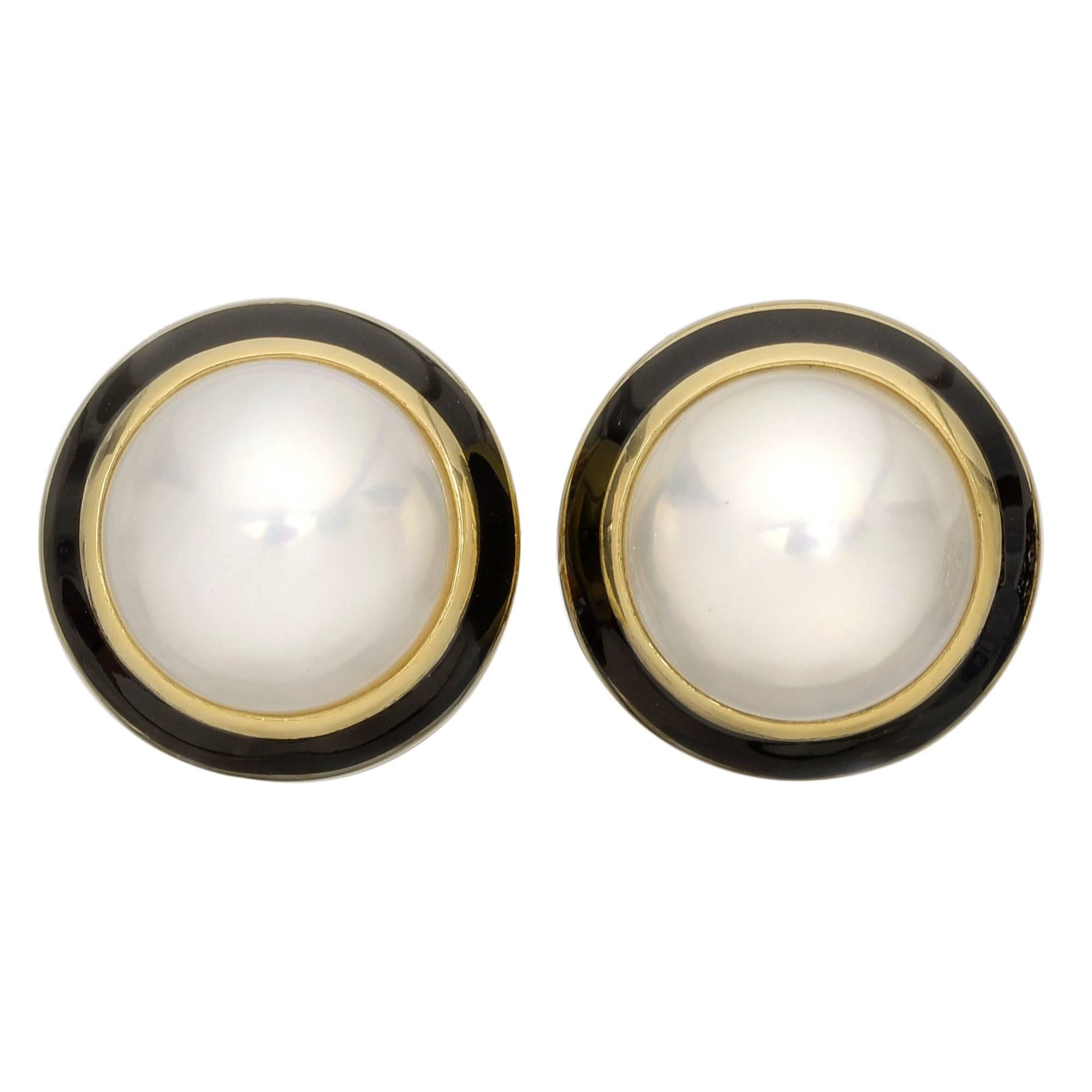 1990s Tiffany 
Co. Mabe Pearl Enamel gold Earclips