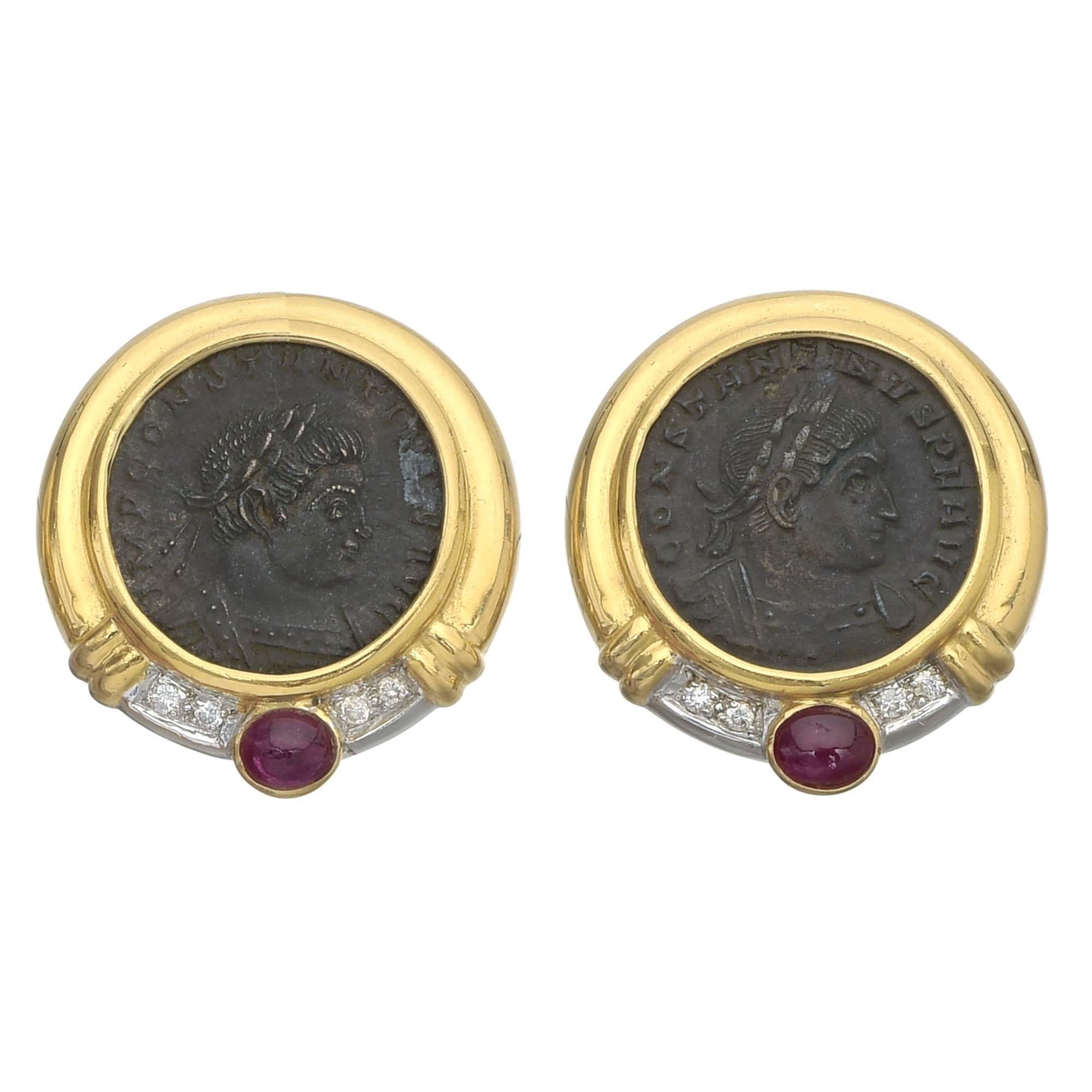 Ruby Diamond Byzantine Coin gold Earclips