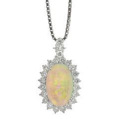 Opal  Diamond platinum Cluster Pendant Necklace