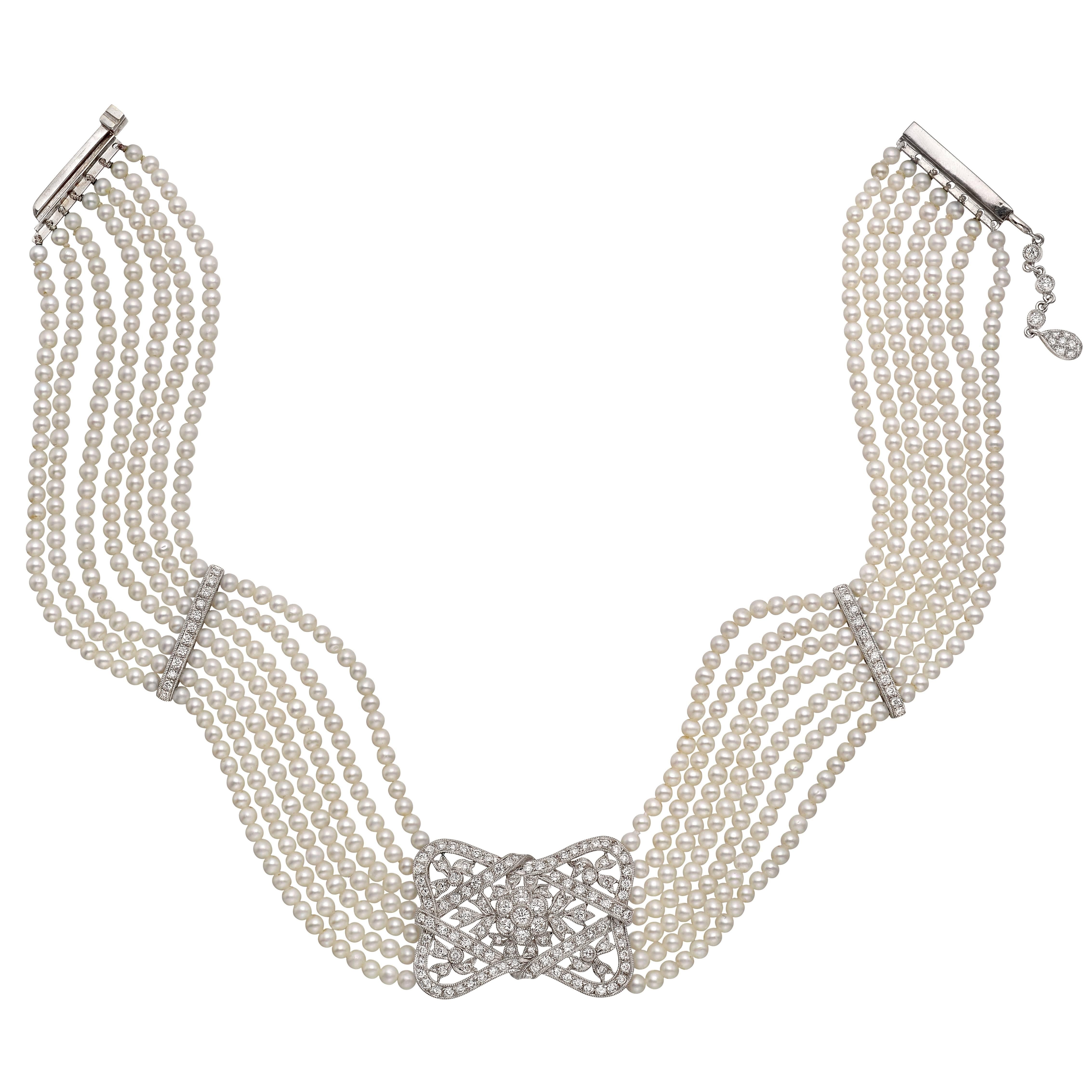 7 Strand Pearl Diamond Gold Panel Choker Necklace