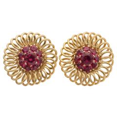 Synthetic Ruby and Yellow Gold Earclips