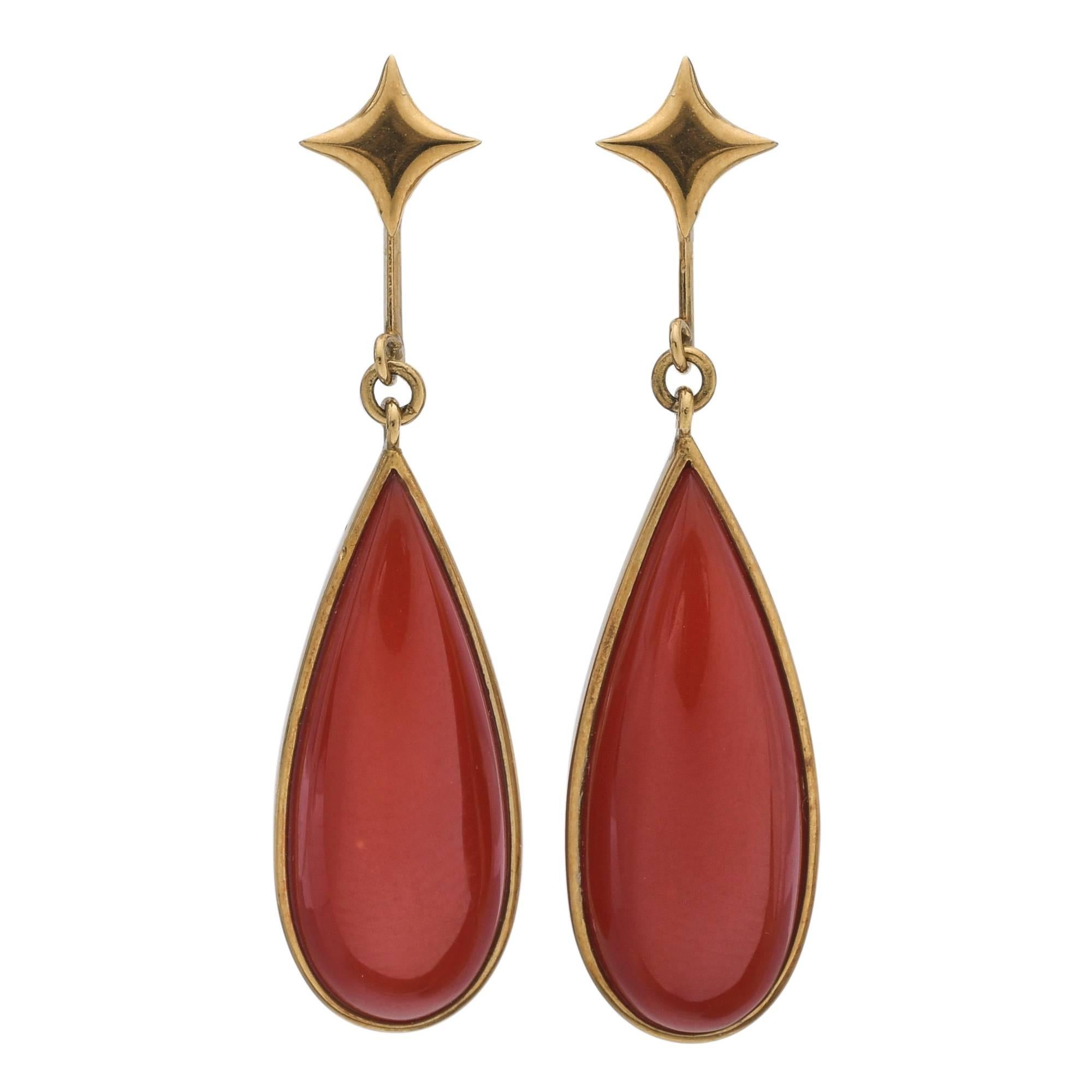 Coral and Yellow Gold Drop Earrings