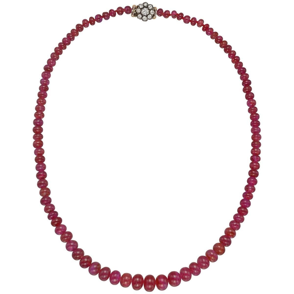 Ruby Bead Necklace with Diamond Cluster Clasp