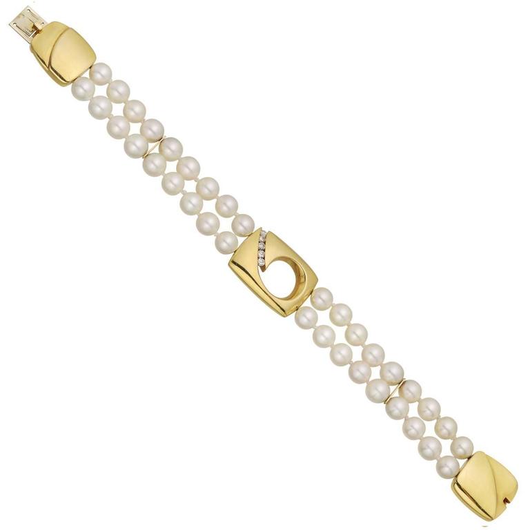 TwoStrand Pearl Bracelet with Diamond Gold Accents For Sale at 1stdibs